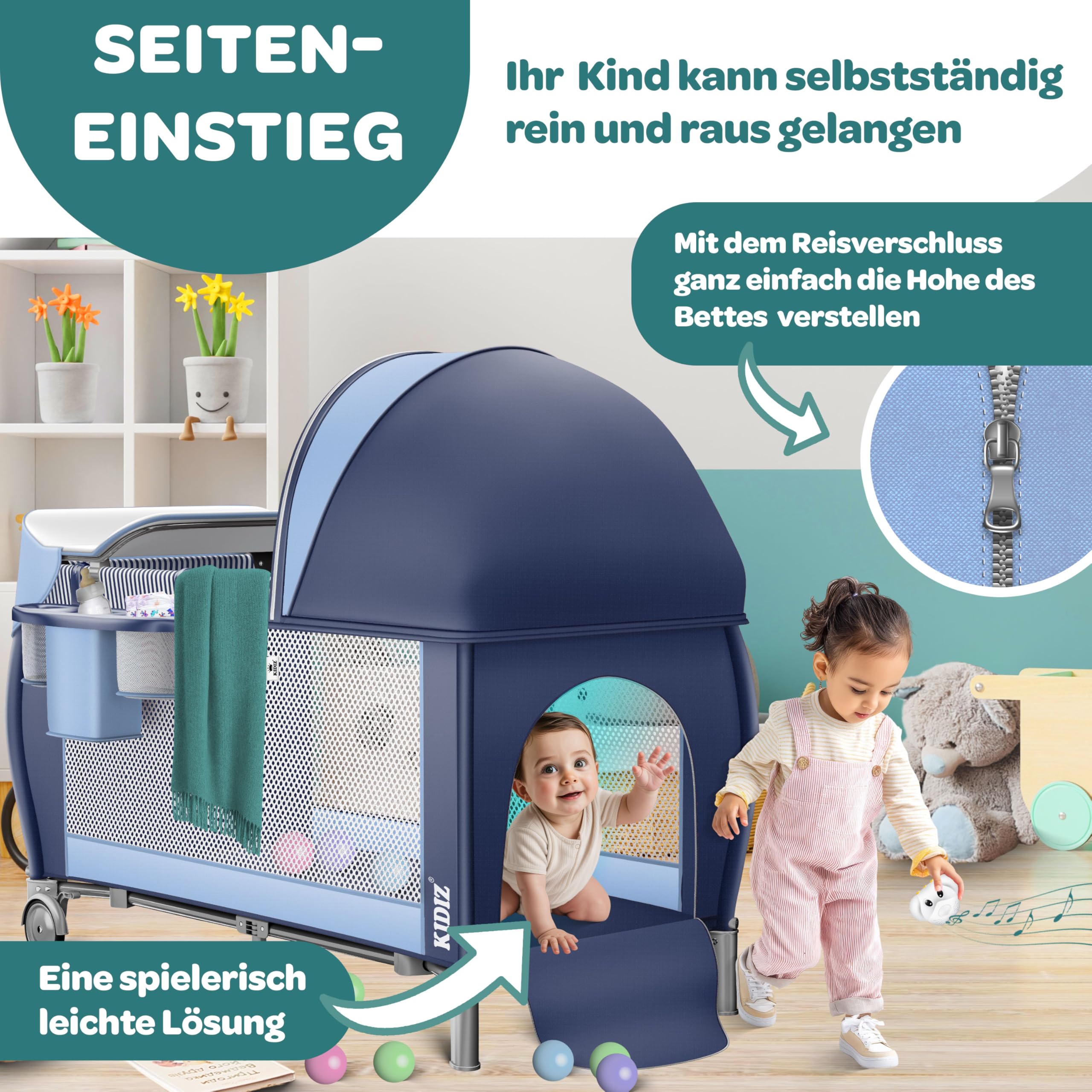 KIDIZ® Łóżeczko dziecięce 3 w 1, turystyczne, zestaw kombi, łóżeczko z przewijakiem, moskitiera, kojec, do 15 kg, przewiewne ściany boczne z wejściem bocznym, składana torba transportowa, niebieski