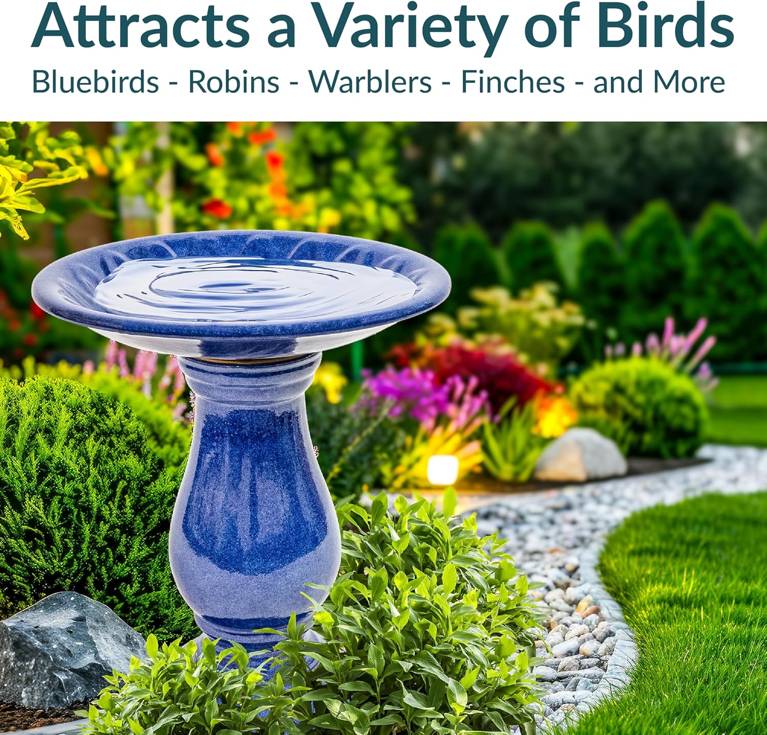Sunnydaze Blue Ceramic Bird Bath for Outside - 21.5" H Garden Bird Bath - Daisy Embossed Bowl - UV-/Frost-Resistant Glaze Finish