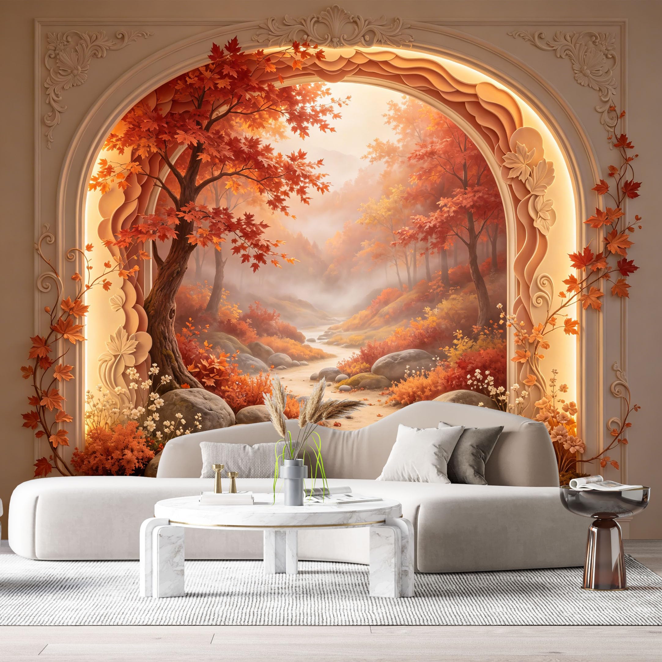 Custom Size Wall Murals Autumn Forest Landscape Maple Tree Archway 3D Trompe L'Oeil SelfAdhesiveWall Fabric Removable Wallpaper Wall Decor for Living Room Bedroom Bathroom