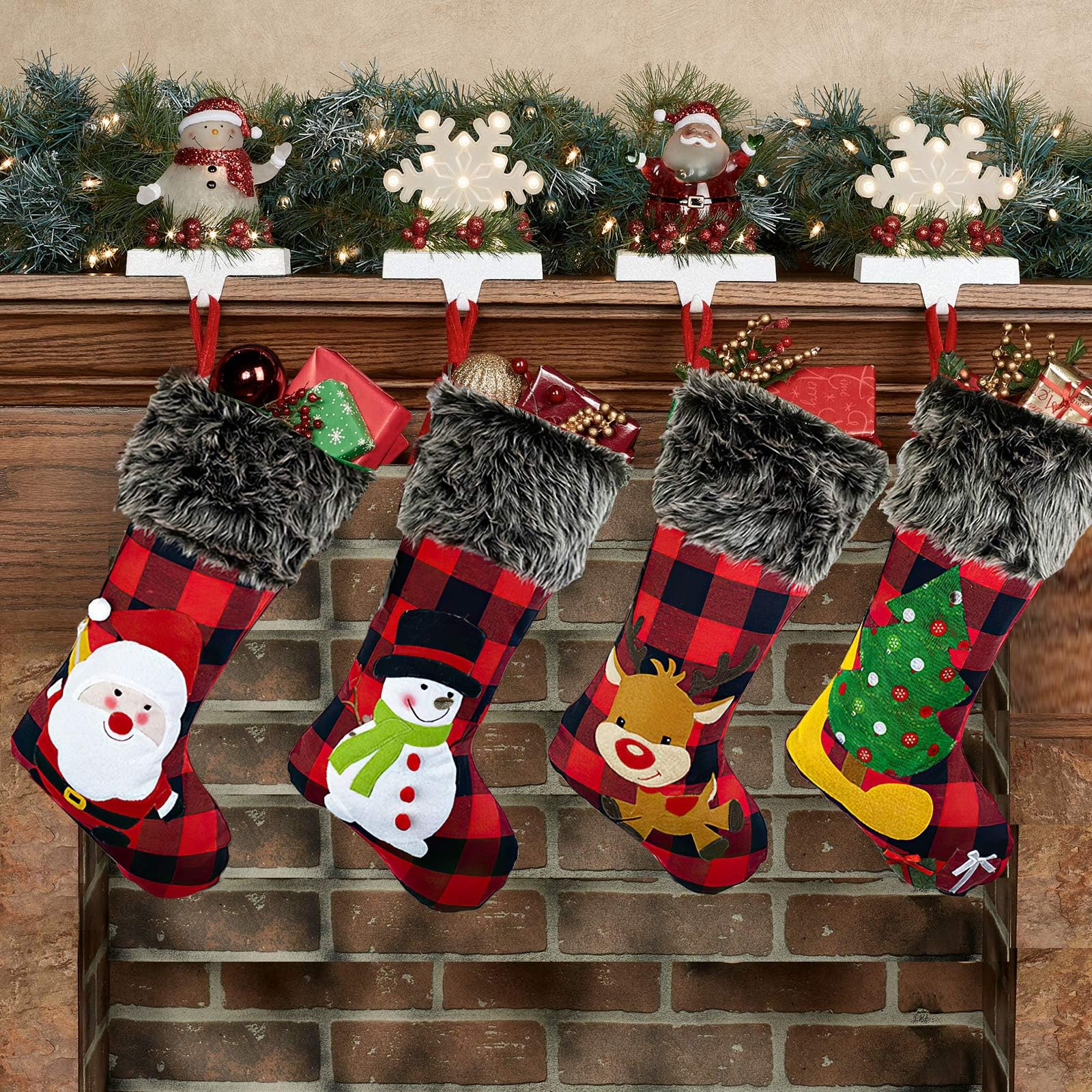 Hiquaty Christmas Stockings Plaid 4 Pack, 18 Inches Burlap Stocking Plaid Style with Santa Snowman Reindeer Tree Xmas Stockings Plush Faux Fur Cuff Stockings Fireplace Hanging Christmas Decorations