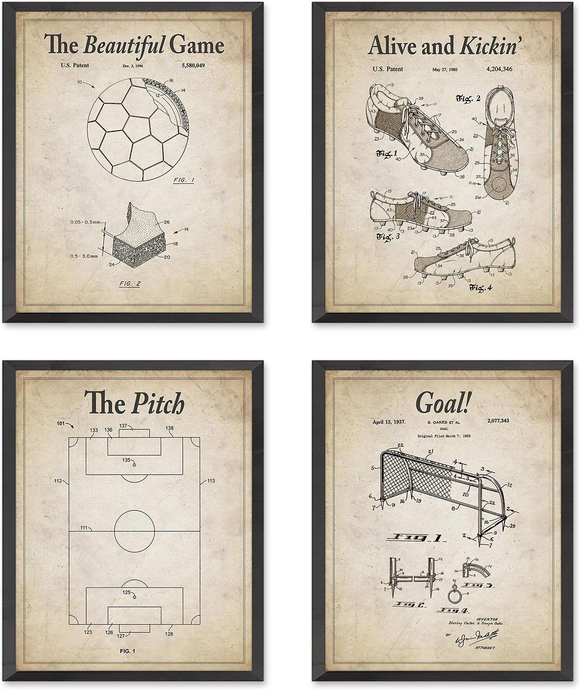 Vintage Soccer Futbol Football Wall Patent Art Prints with Slogans, Set of 4, Unframed, Soccer Ball, Cleat, Goal, Pitch Patent Wall Decor Art, 8x10 Inches