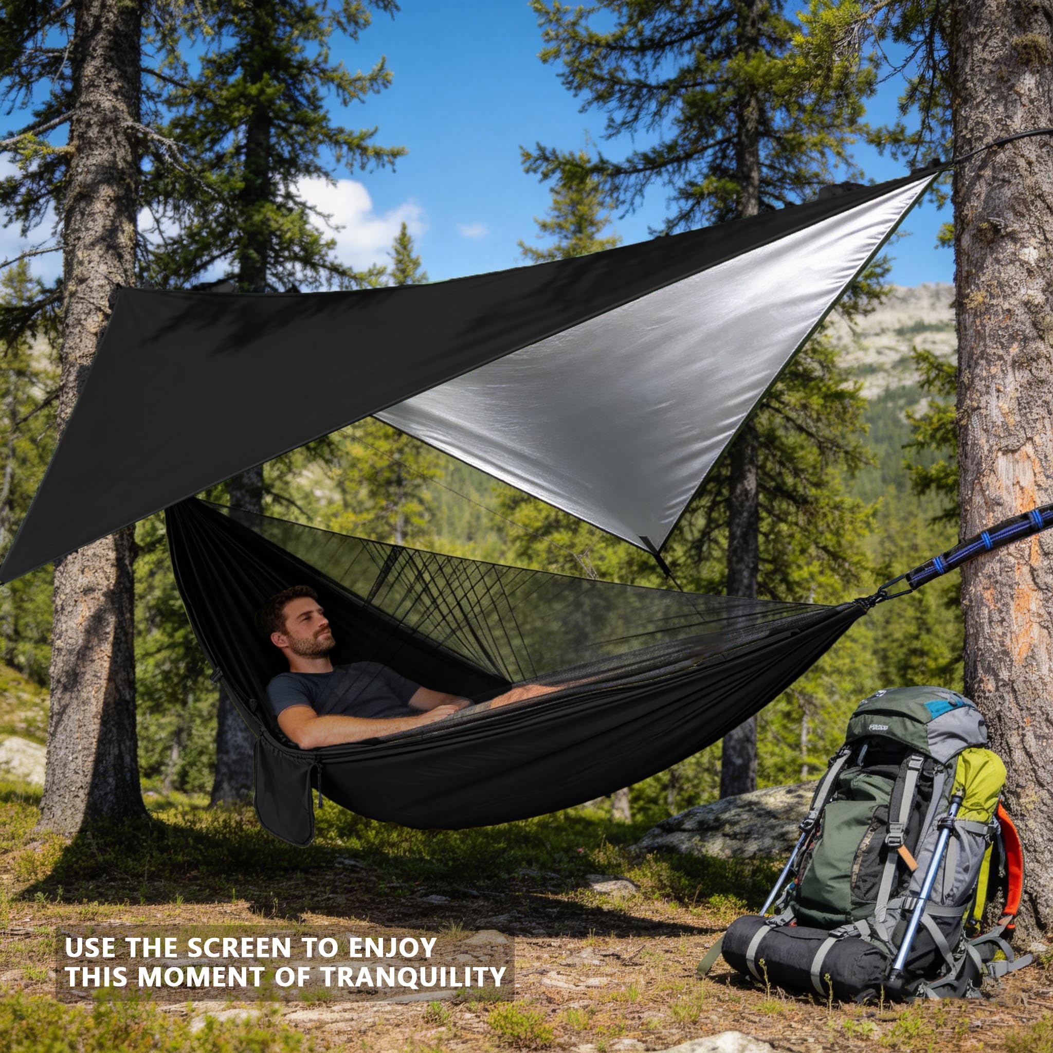 Hamak outdoorowy z moskitierą i muchą przeciwdeszczową, szybkoschnący, nylonowy, kempingowy, do trekkingu, podróży, na plażę, do ogrodu