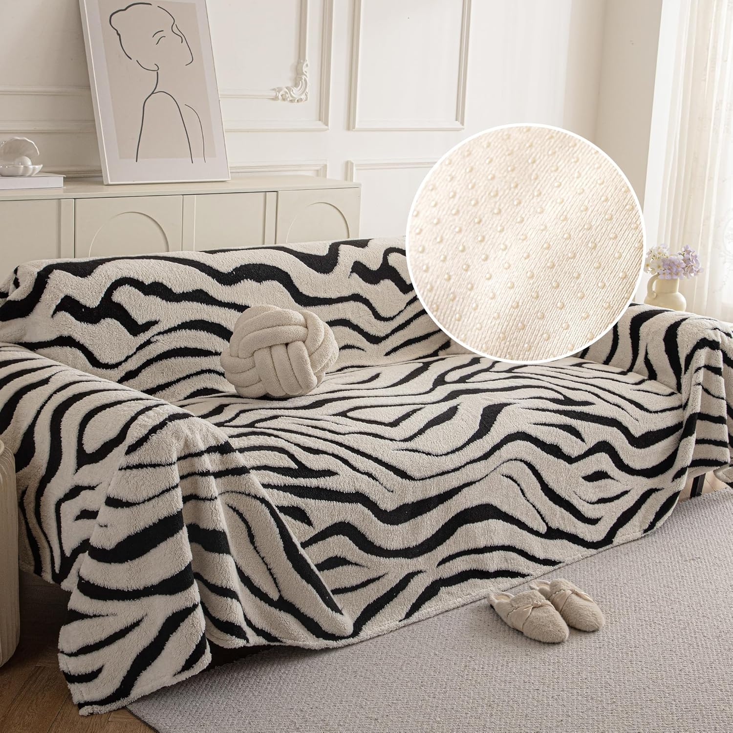 Non Slip Couch Covers for 3 Cushion, Scratch Resistant Pet Friendly Sofa Couch Covers for Dogs, Sherpa Velvet Protectors Slipcovers, Washable Furniture Covers, 71" x 134", Zebra Wave White