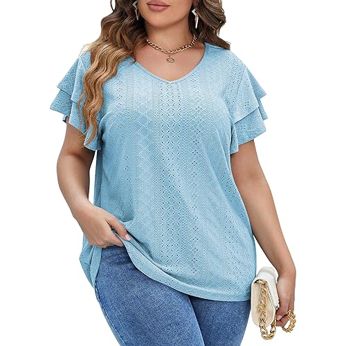 IN'VOLAND Womens Plus Size T Shirt V Neck Loose Fit Ruffle Sleeve Summer Hollow Casual Tops Blouse