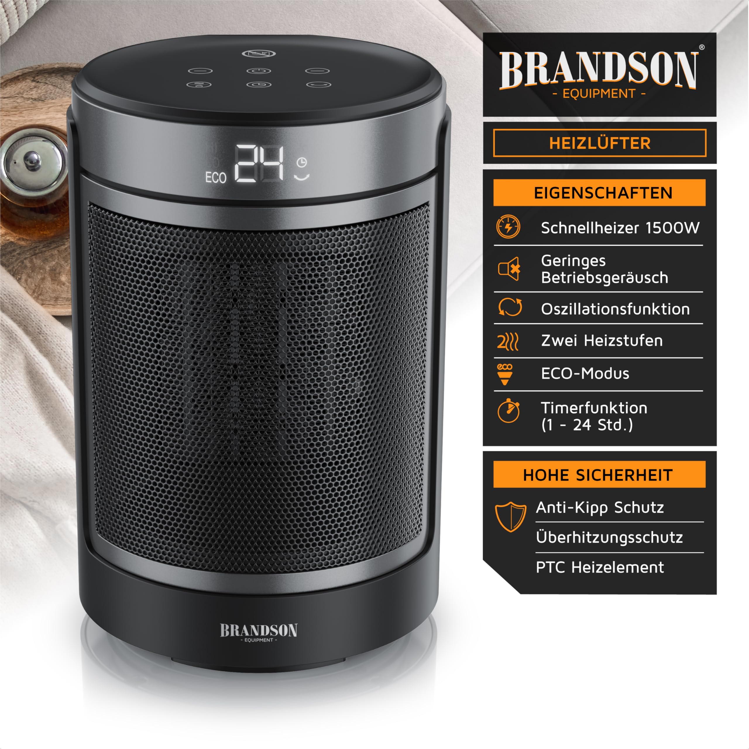 Brandson - Heizlüfter mit Fernbedienung - ECO Modus für energiesparenden Betrieb – Oszillation 50° - 2 Heizstufen - Überhitzungs- und Umkippschutz