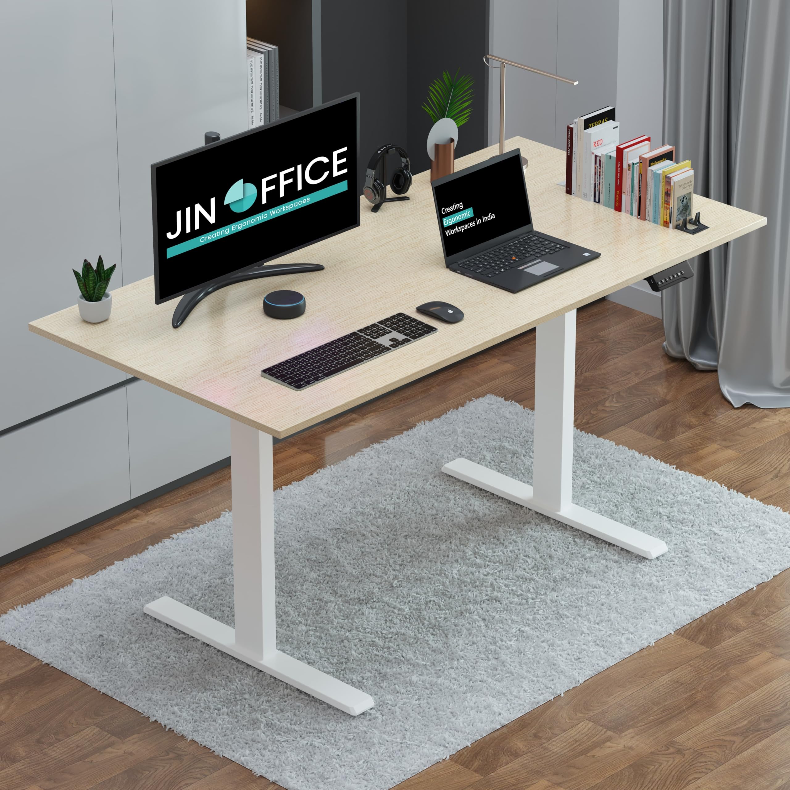 JIN OFFICE Zenith Electric Height Adjustable Table| Standing Desk with 100 Kg Wt. Capacity & 3 Year Warranty| Ergonomic Desk| Sit Stand Table with 3 Memory Preset| White & Maple |1500X750mm/25MM Thick