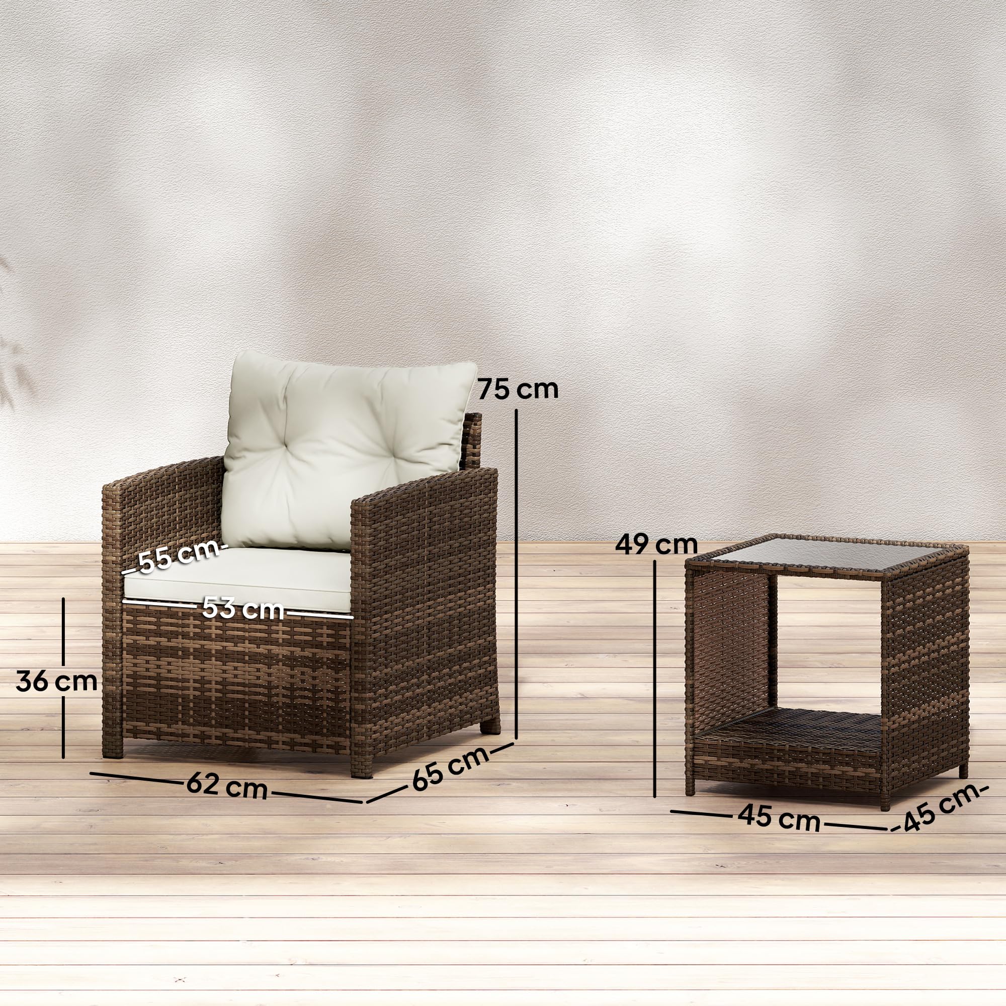 Outsunny Set da Giardino 3 Pezzi in Rattan PE e Acciaio, Set 2 Poltrone con Cuscini e Tavolino da Caffè con Piano in Vetro, Set di Mobili da Balcone, per Patio e Cortile, Marrone e Crema