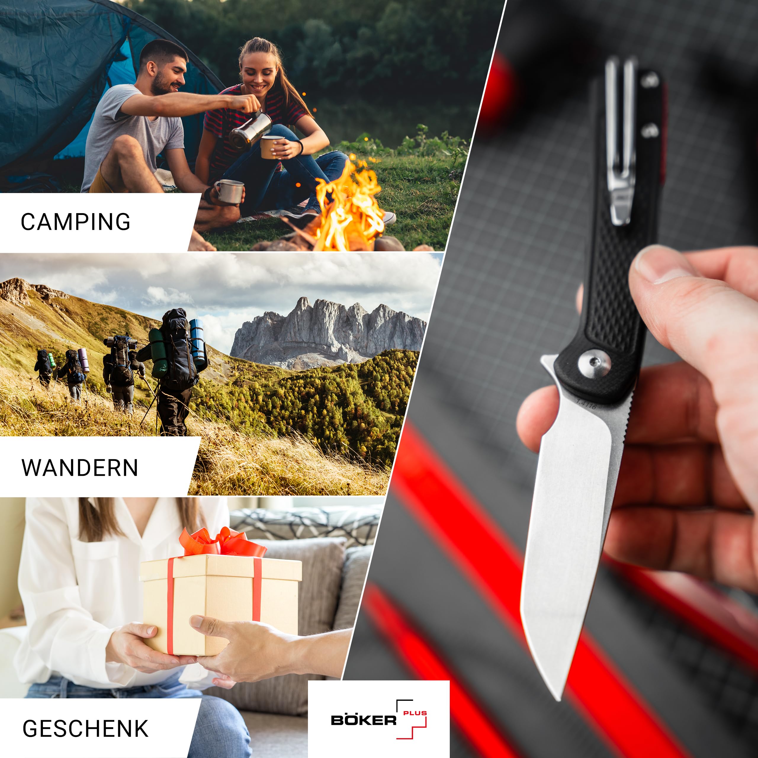 BÖKER PLUS Fire Ant Black - Premium Flipper Taschenmesser mit Detent Ball - leichtes Klappmesser 42a konform - EDC Messer mit Clip & Pinzette - Droppoint Faltmesser