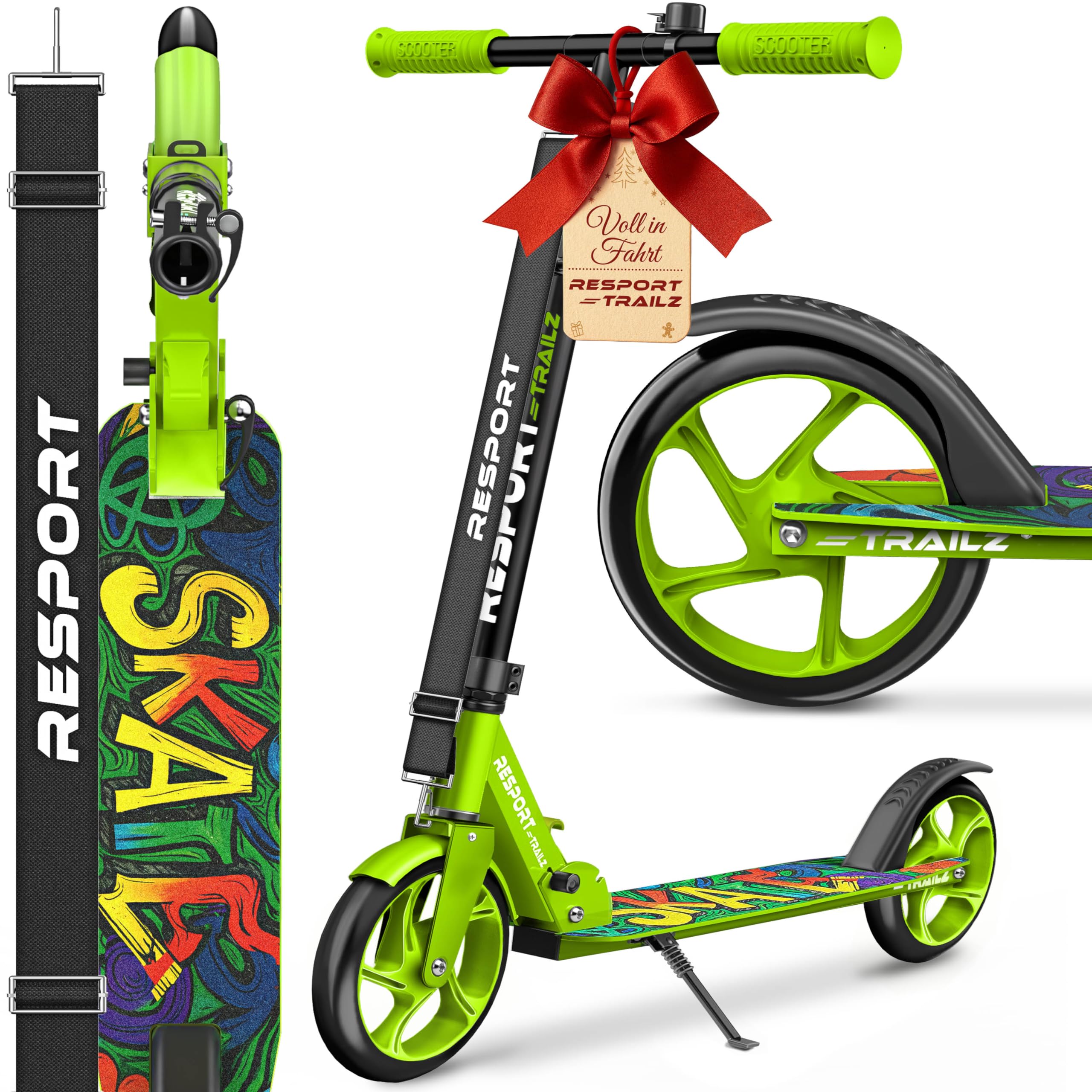 RE:SPORT® Cityroller für Kinder & Erwachsene mit Klingel & Tragegurt | Tretroller Scooter höhenverstellbar & klappbar bis 100 kg | Kinderroller große Räder Kickscooter Kickroller