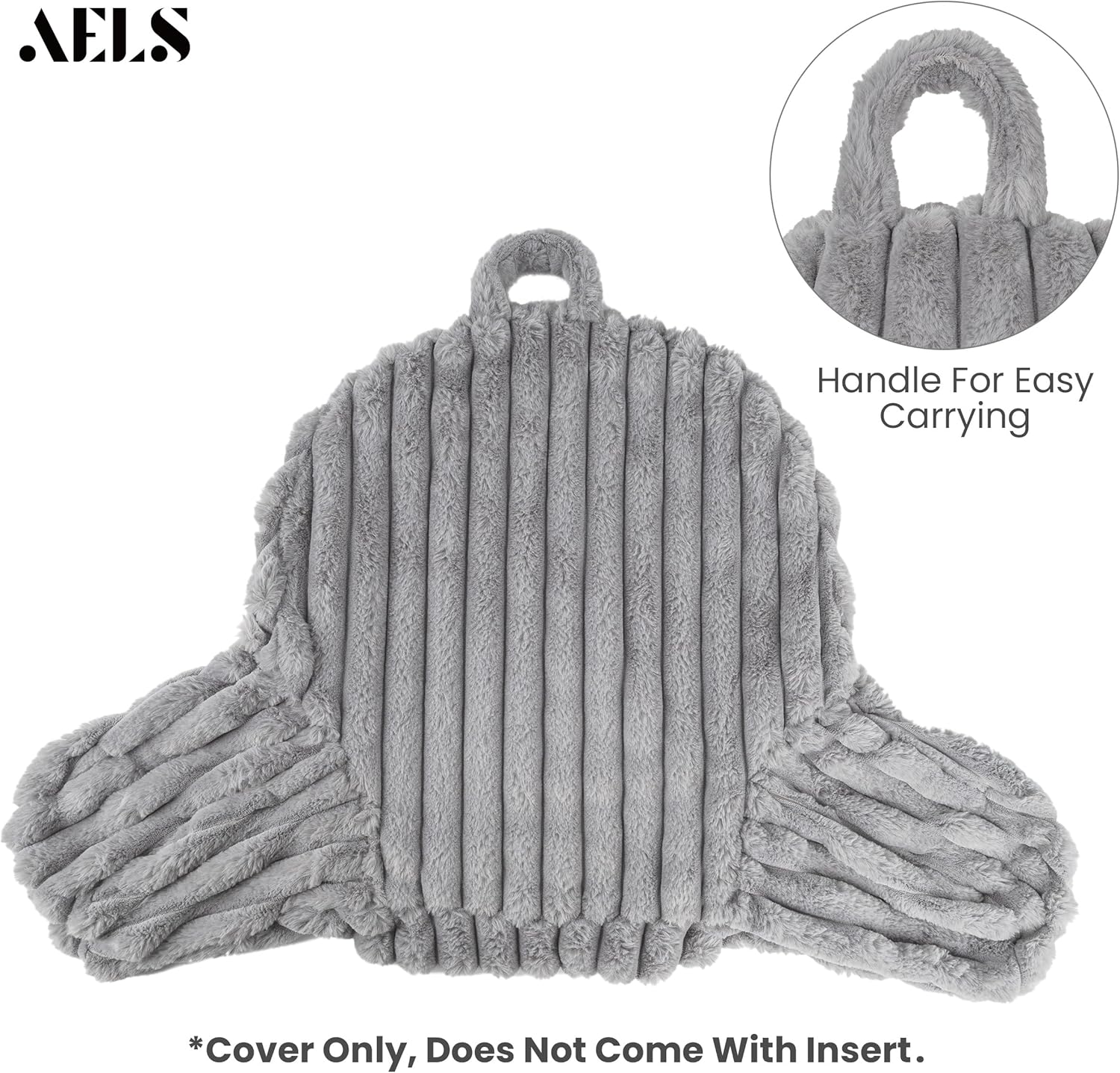 AELS Large Reading Pillow Replacement Cover with Arms and Pockets (Cover ONLY), 18" Soft Faux Fur Striped Backrest Pillow Cover Fits Standard Size Reading Pillows, Gray