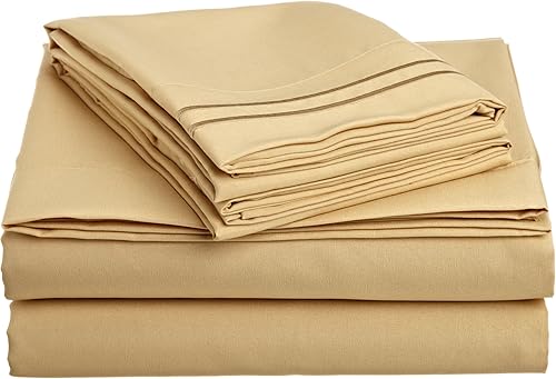 Cathay Home Juego de sábanas de microfibra suave de lujo con fundas de almohada bordadas, Queen, camello