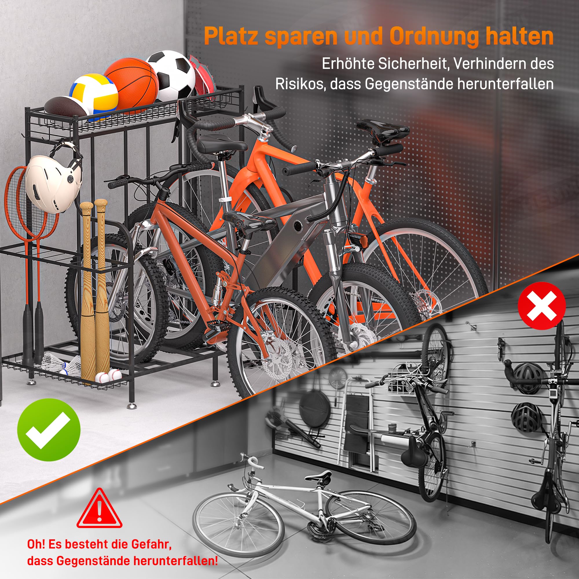 HENMI Fahrradständer Boden für 3 Fahrräder mit Korb und Haken | Einfach zu Montieren, Geeignet für E-Bike, Mountainbike und Rennrad