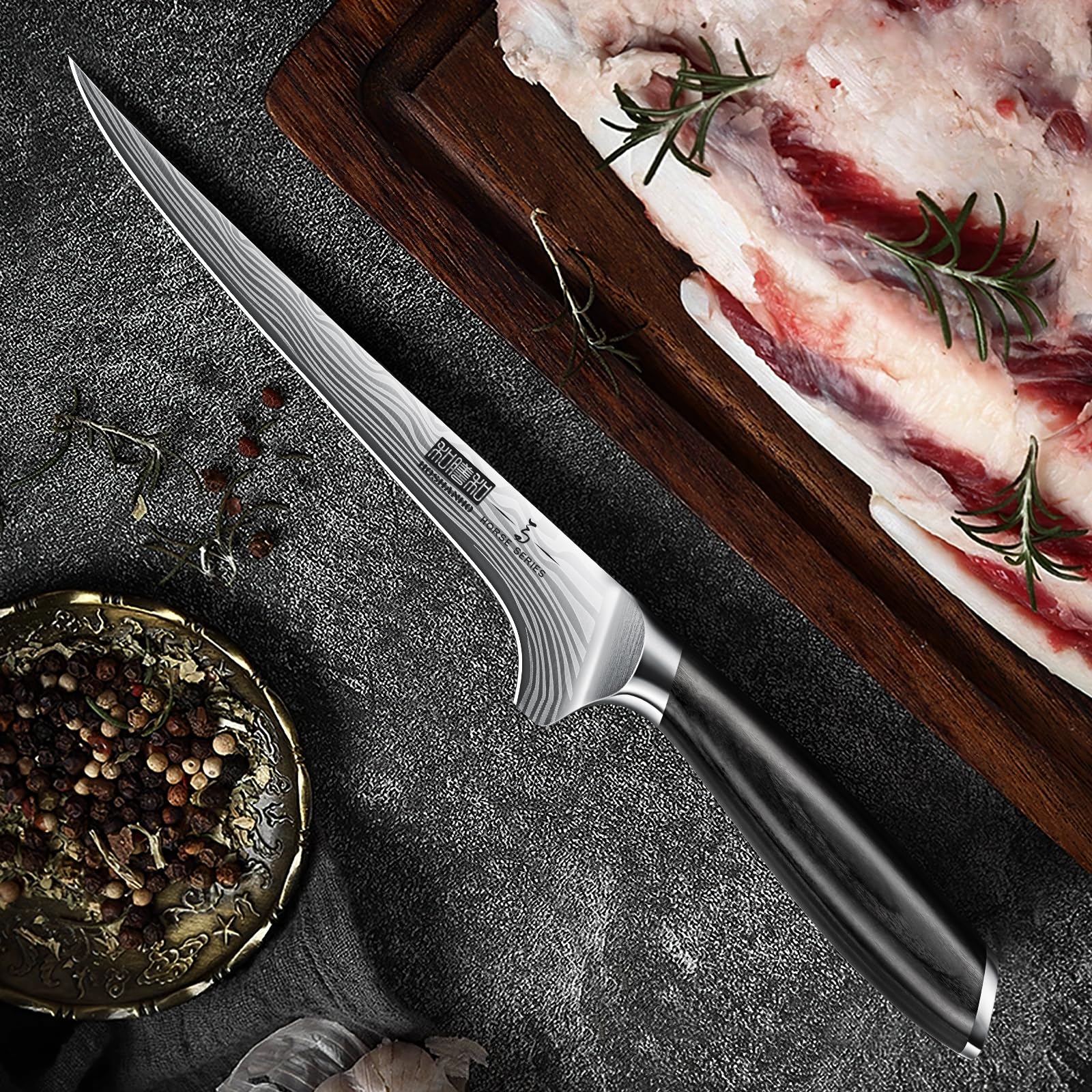 HOSHANHO 18cm Filetiermesser Küchenmesser aus Hochwertigem Edelstahl, Kochmesser Profi Fischfiliermesser für Fisch und Fleisch, Fischmesser mit scharfe Klinge & Pakkaholz Griff