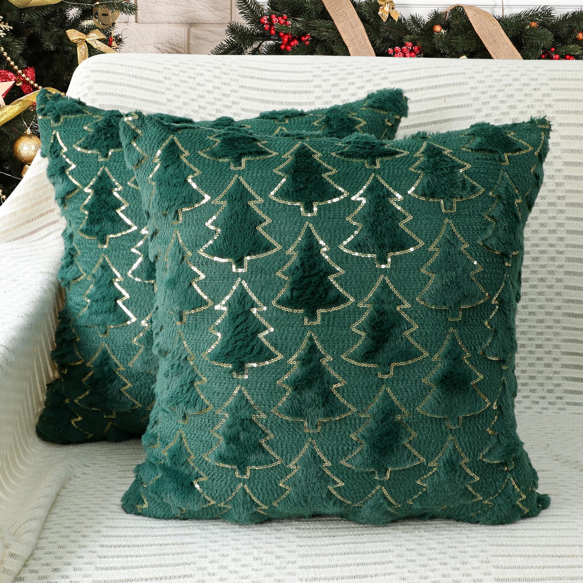 4TH Emotion Christmas Tree Decorative Pillow Covers 18x18 Set of 2, Green Soft Plush Faux Fur Farmhouse Throw Cushion Cases for Xmas Winter Holiday Home Decorations