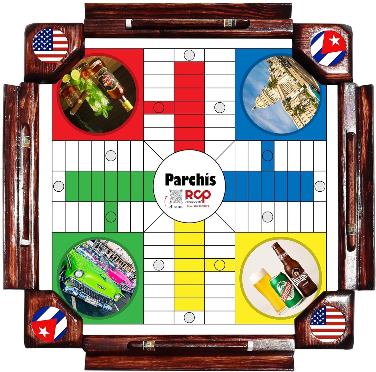 Tablero de Parchís Estilo Cuba USA Mesa de Domino – Personalizado con Iconos Culturales, Ideal para Jugar en Familia