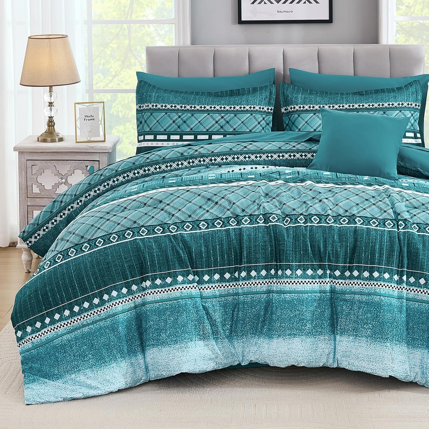 WONGS BEDDING 8 Piece Queen Size Comforter Set, Teal Texture Striped Bed in a Bag Comforter and Sheet Set, Boho Lightweight Microfiber Bedding Set for All Season (90"×90") - Image 8