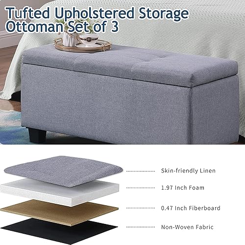 Miniatura 6 de IAFIKE Juego de 3 bancos de almacenamiento otomana tapizada de tela con bisagra de seguridad reposapiés cofres de juguetes para dormitorio entrada