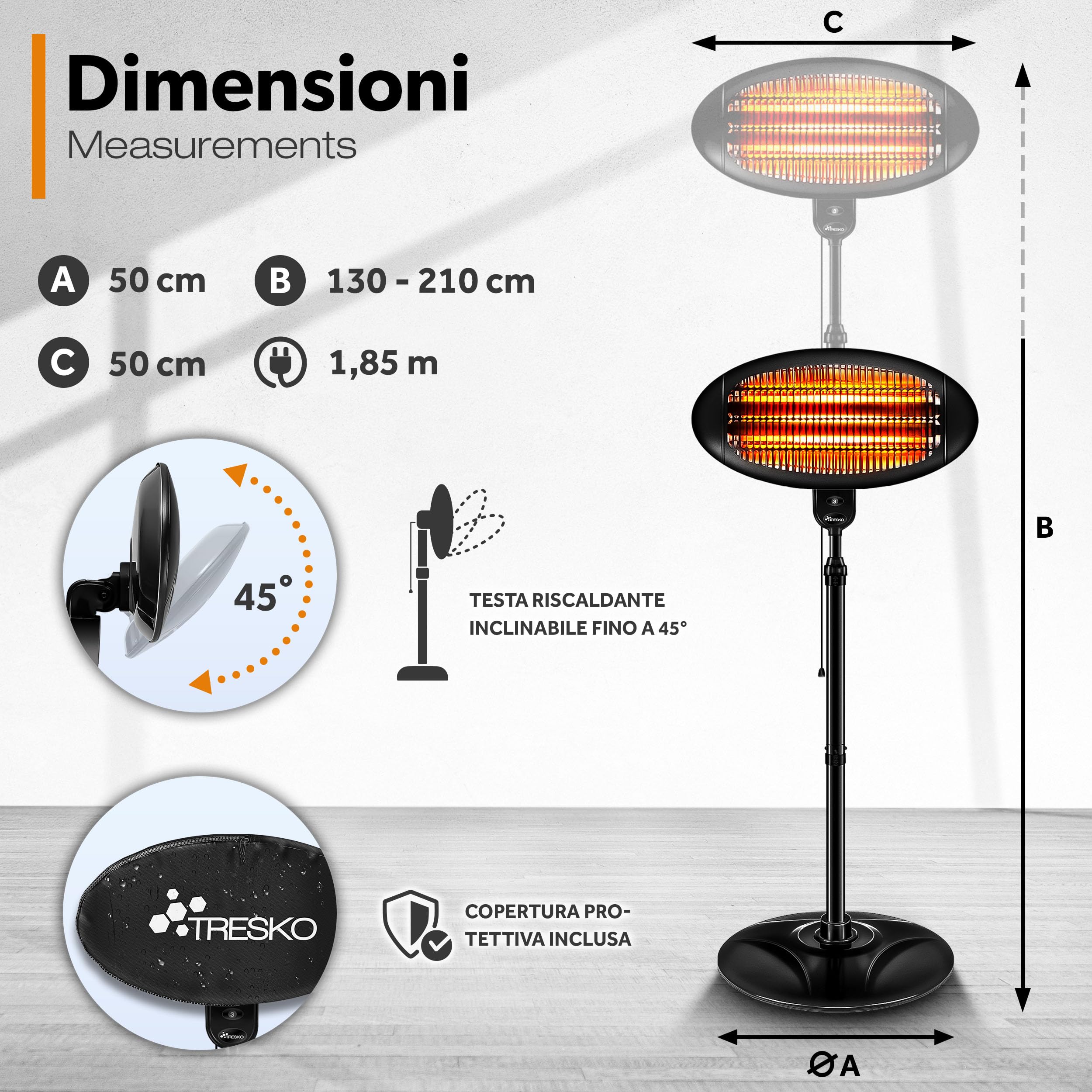 TRESKO Stufa a Infrarossi 2000W Riscaldatore elettrico con 3 Livelli di Calore per Esterno e Interno