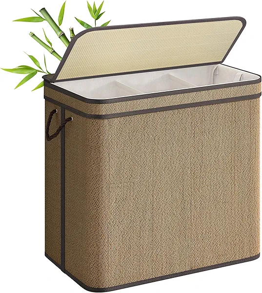 SONGMICS 3-Section Laundry Hamper With Lid, 44.9 Gal (170 L) Large Laundry Basket With 3 Removable Machine Washable Fabric Bag, Bamboo Clothes Hamper, Handles, for Bathroom, Brown ULCB069K01