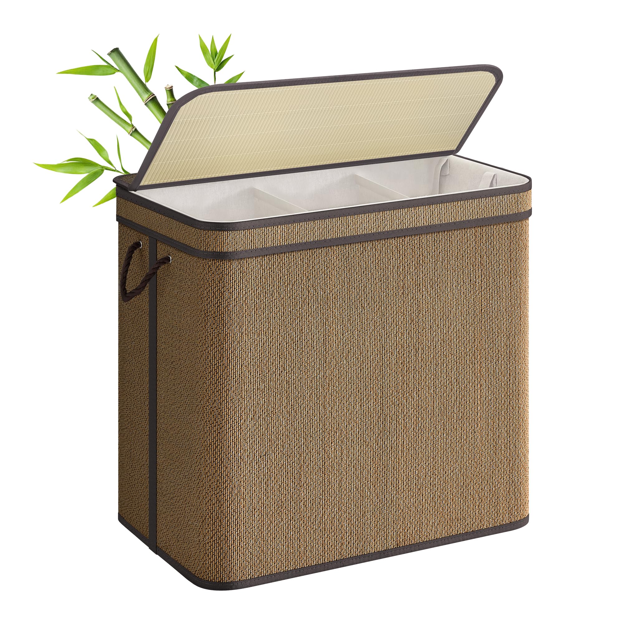 SONGMICS 3-Section Laundry Hamper With Lid, 44.9 Gal (170 L) Large Laundry Basket With 3 Removable Machine Washable Fabric Bag, Bamboo Clothes Hamper, Handles, for Bathroom, Brown ULCB069K01