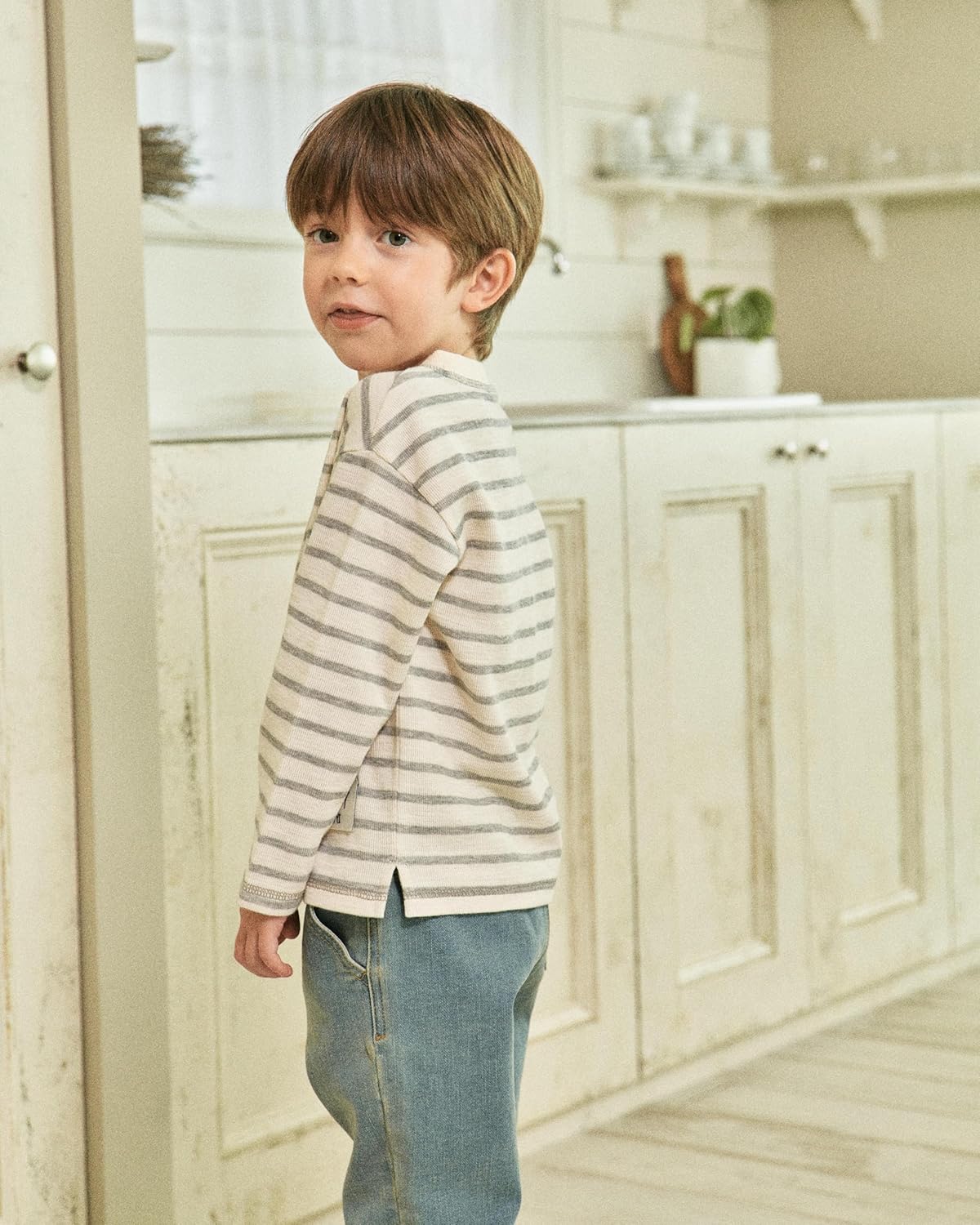 Boys & Girls Long Sleeve Striped T-Shirt, Cream and Gray, Ribbed Cotton, Casual Crewneck Top - Image 6