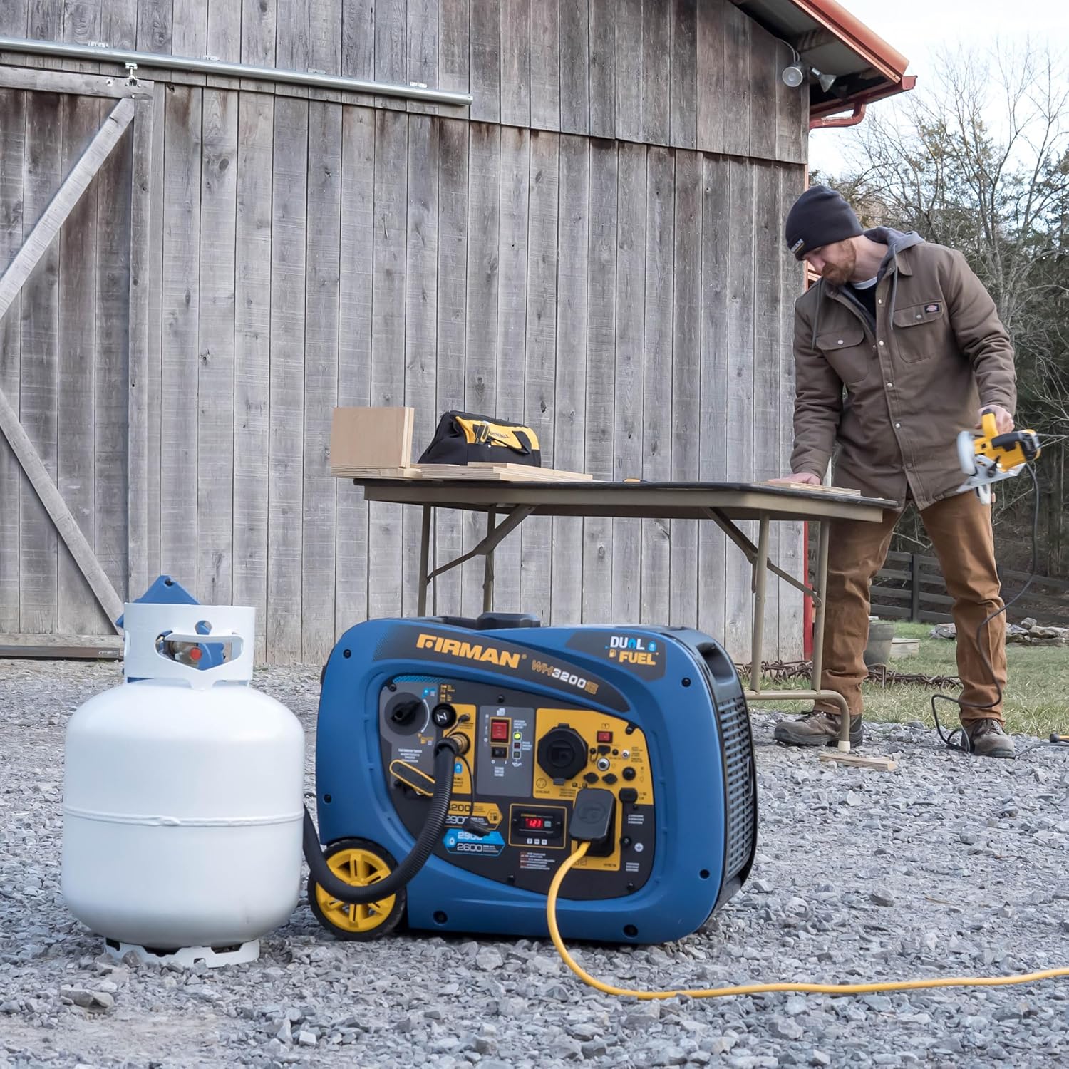 FIRMAN WH02942 generator connected to a propane tank, ready for use