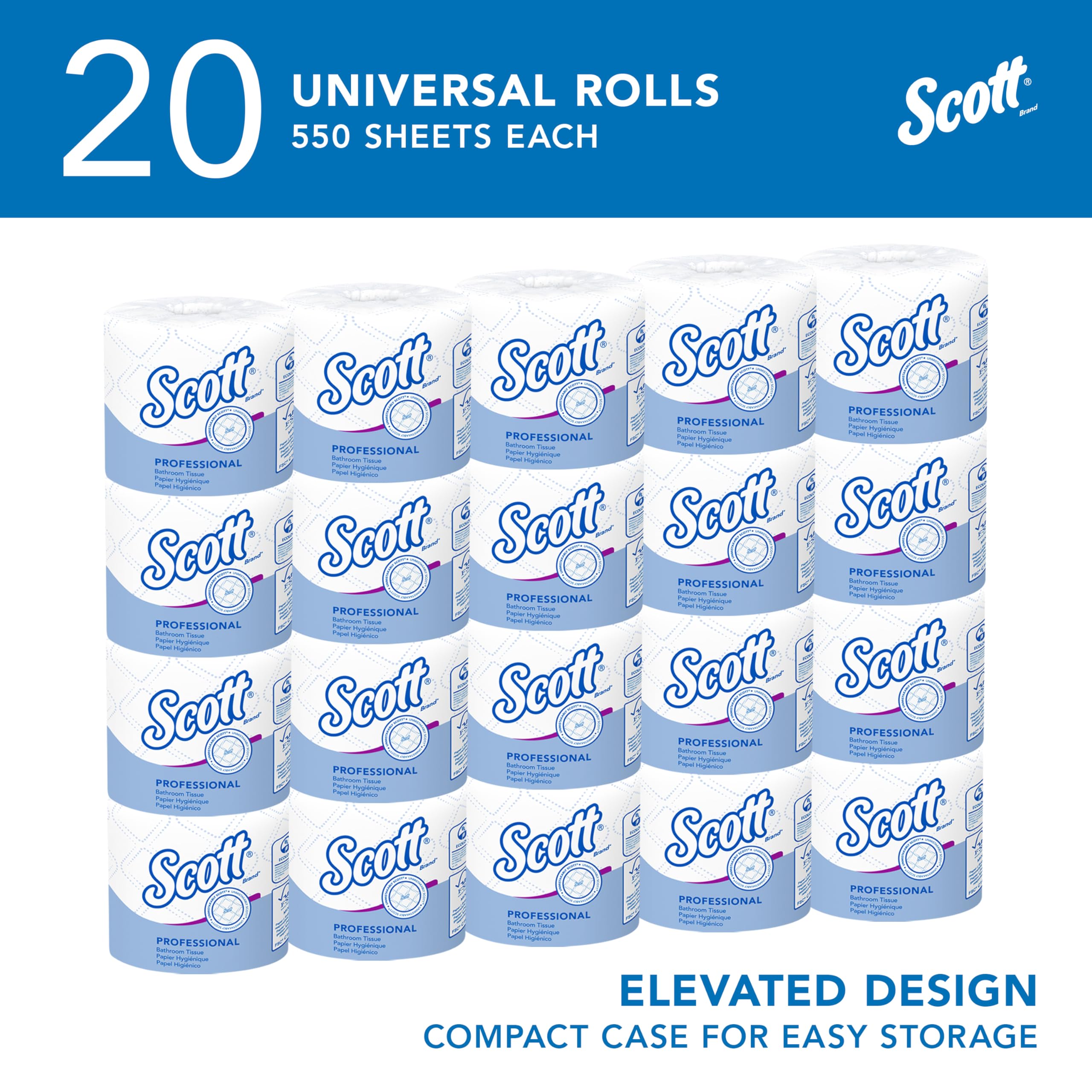 Scott 13607 Rollo de papel higiénico estándar, 2 capas, 550 hojas por rollo (caja de 20 rollos)