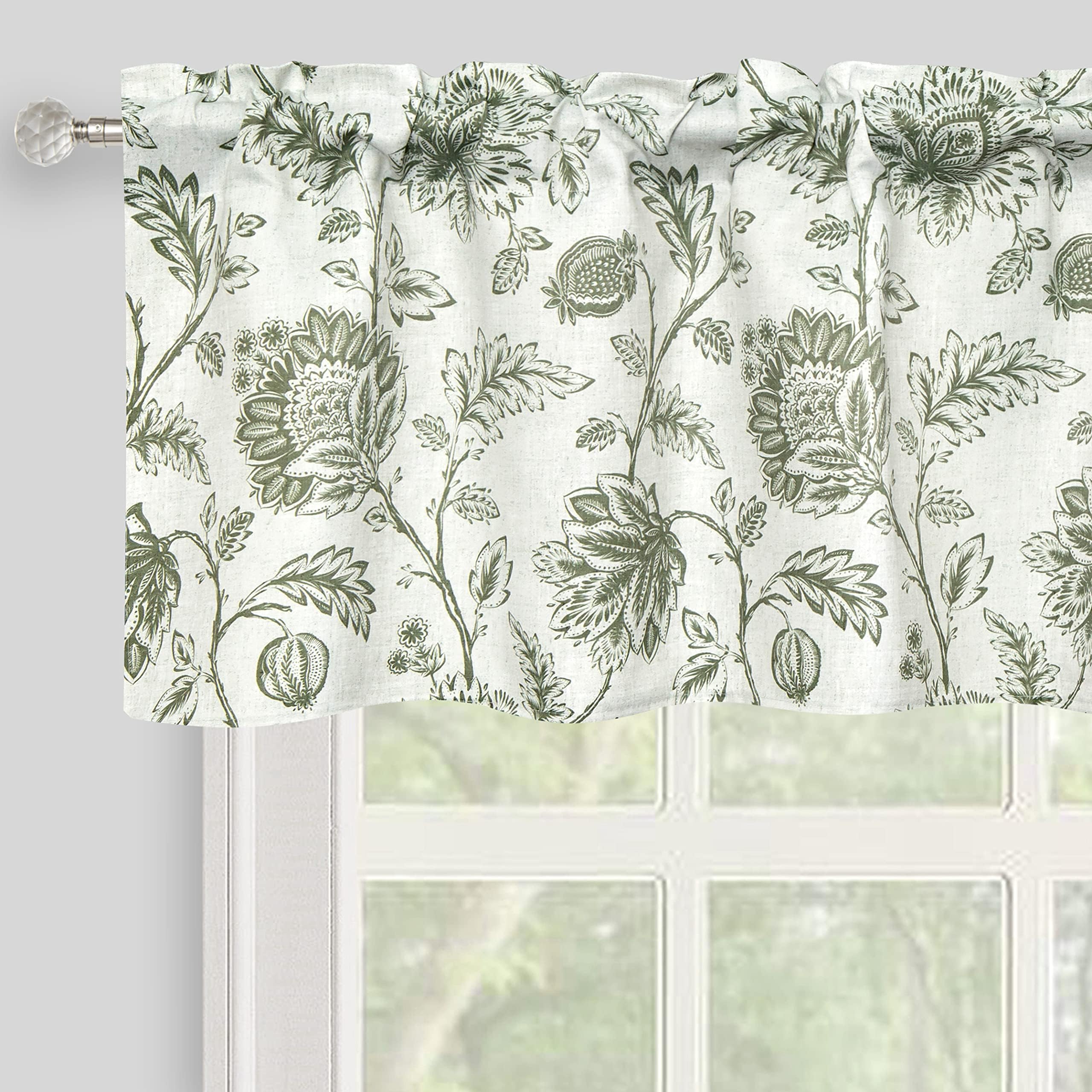 Valance for Windows Retro Floral Printed Valance for Kitchen Living Room Decor Thermal Insulated Energy Saving Rod Pocket Small Window Curtains Valance, 52" X 18", Sage Green