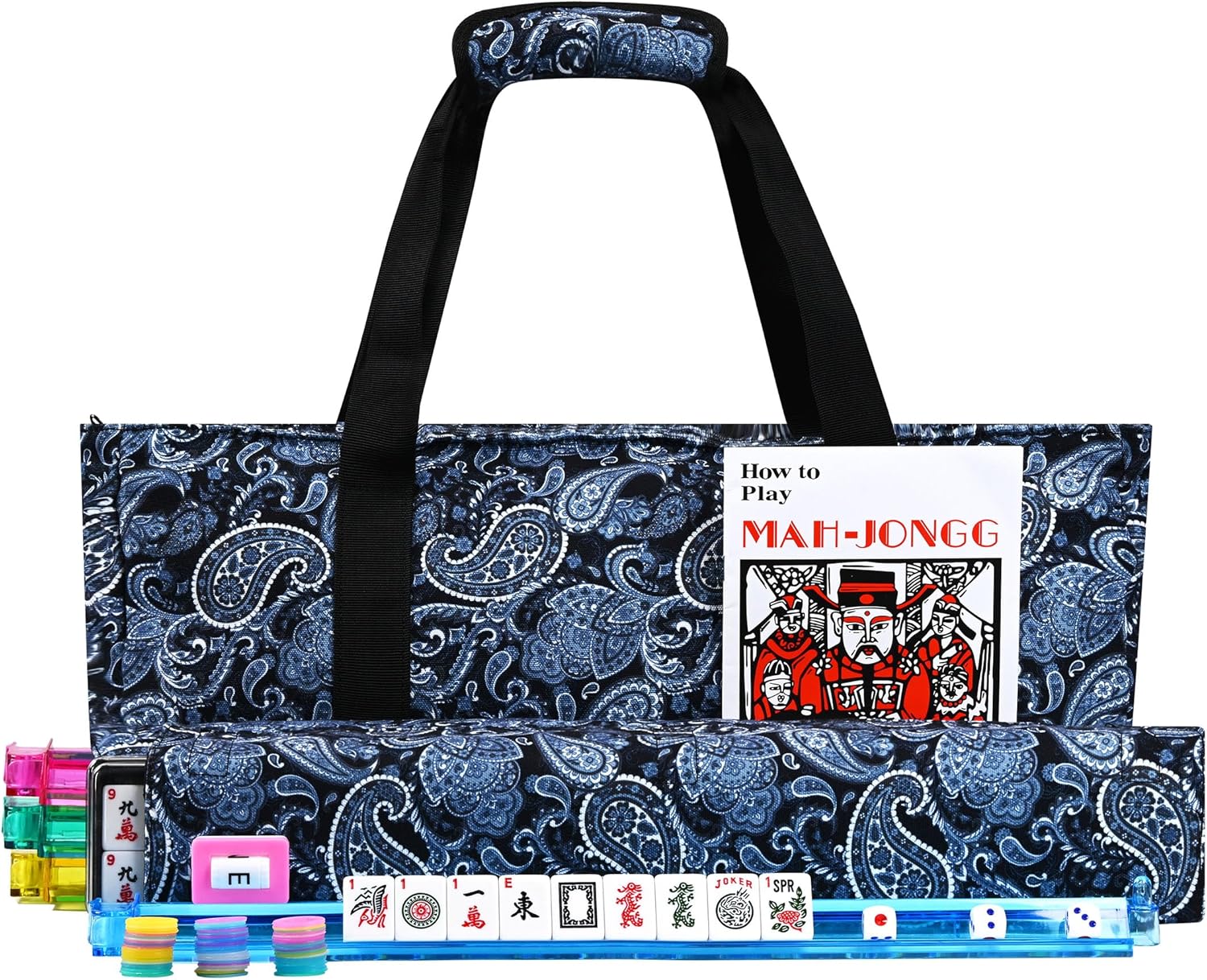 American Mahjong Tile Set Include 166 Tiles 4 All-in-One Mahjong Racks/Pushers with Blue Carrying Bag Complete Mahjong Game Set Blue Pattern