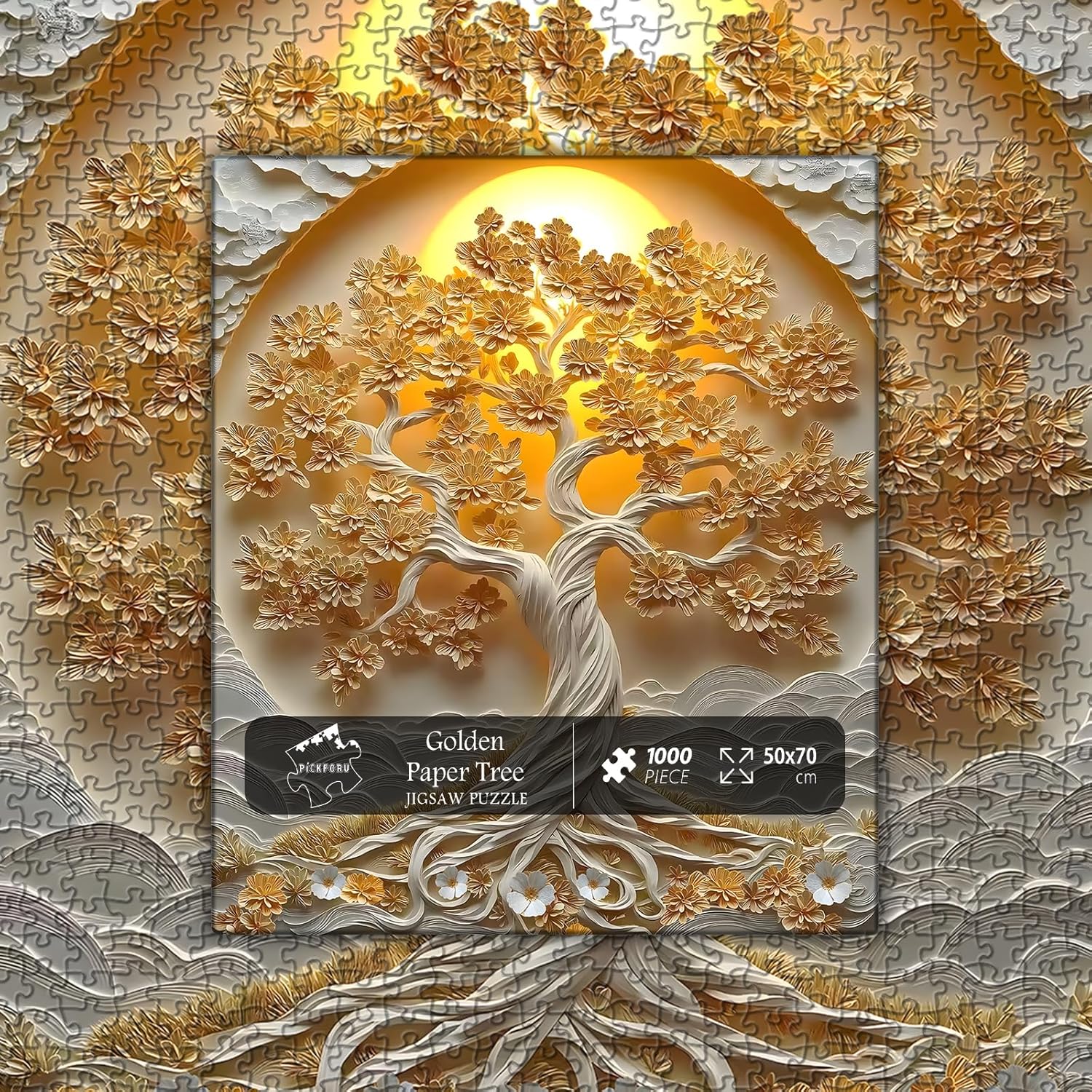 PICKFORU Tree of Life Jigsaw Puzzle 1000 Pieces for Adults, Golden White Paper Tree Sun Nature Puzzle Art, Impossible Hard Difficult Challenging for Adults