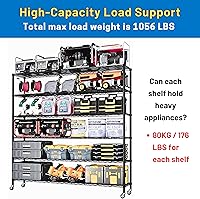 Vista 6 de Estantería de grado industrial de 6 niveles con ruedas, estante de almacenamiento de acero negro ajustable resistente sin herramientas, ruedas