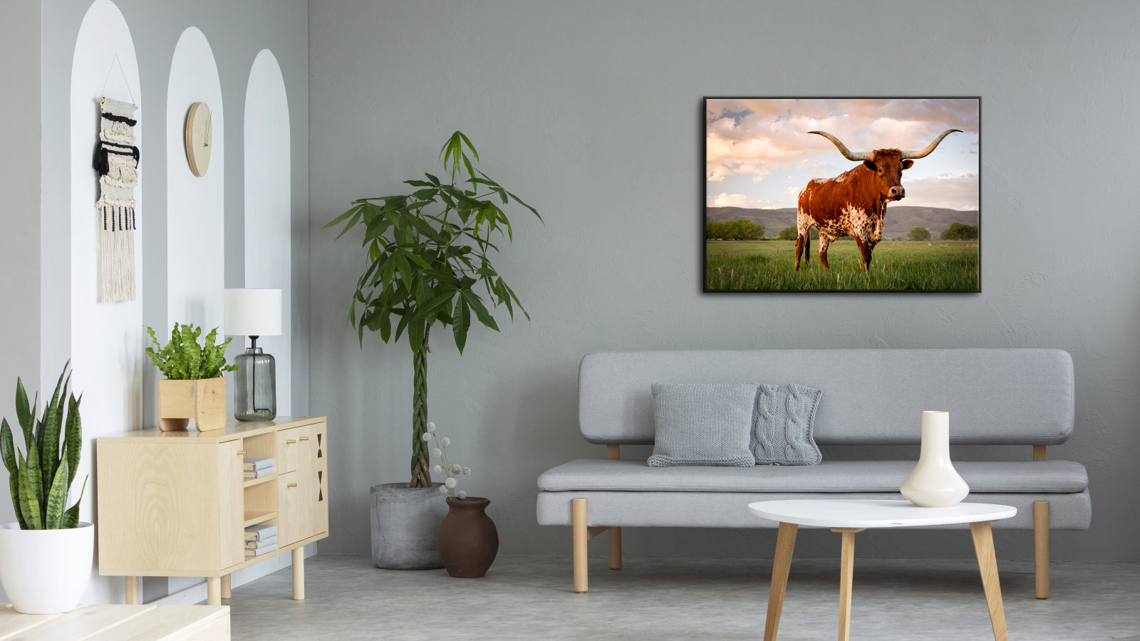 Quadro Su Tela 5 Pezzi KREATIVE ARTS, Stampe Moderne Con Longhorn Bianco E Nero, Decorazione Parete Soggiorno 152x81 Cm - 3