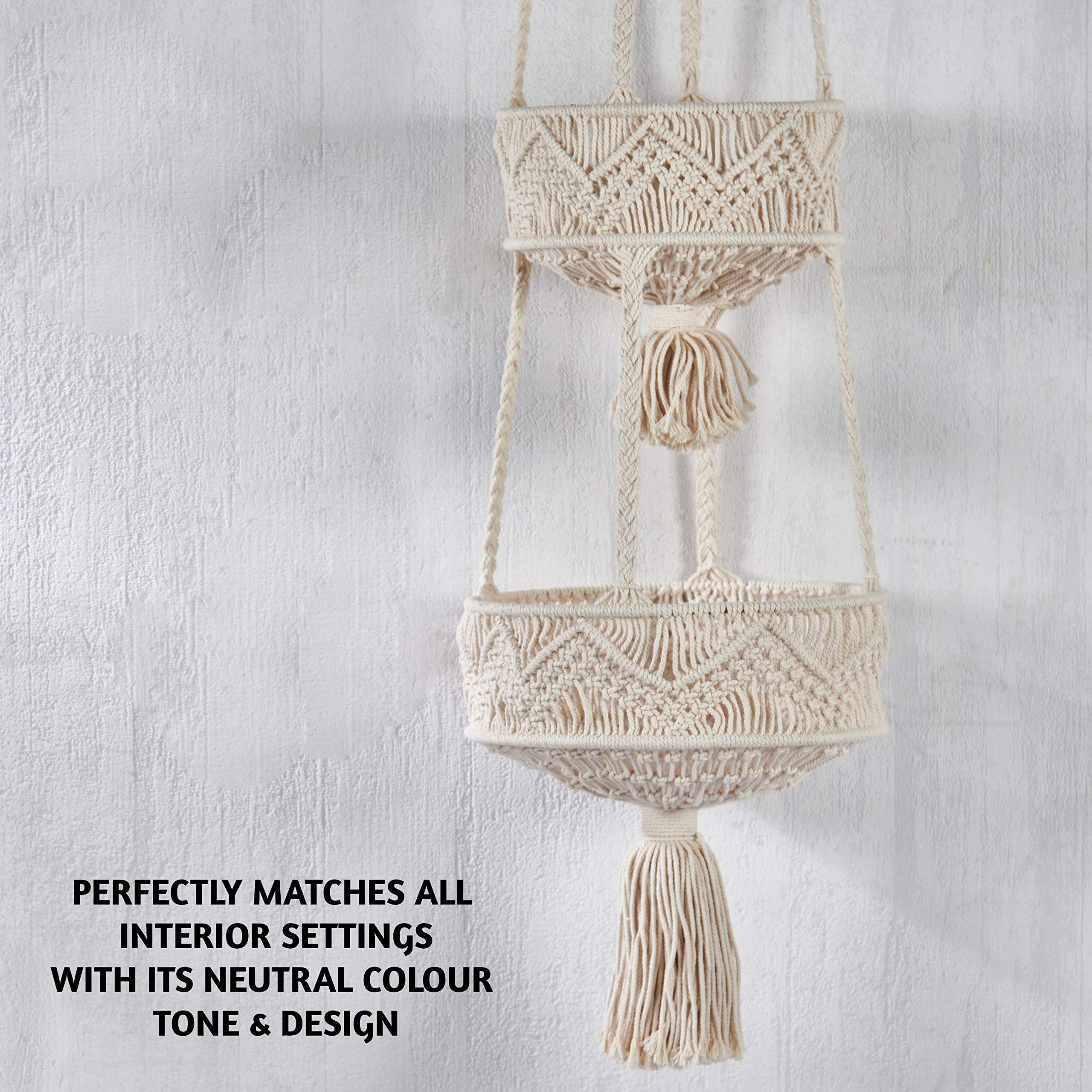 Folkulture 3 Tier Hanging Fruit Basket for Kitchen, Macrame Hanging Basket for Fruit and Vegetable Storage, Boho Wall Baskets for Organizing, Boho Decor for Indoor Plants, 46 Inches Long