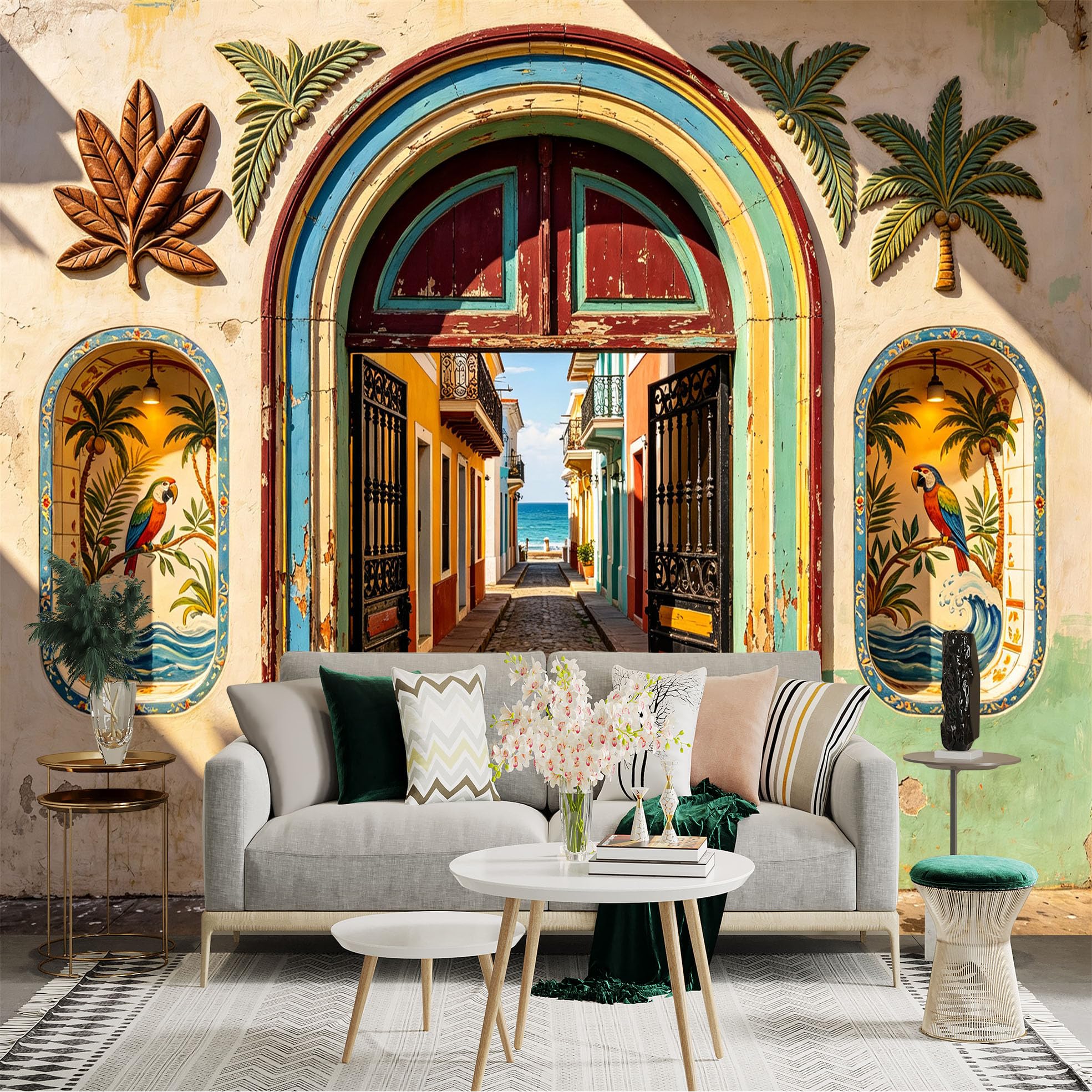 Custom Size Wall Sticker Mural， Tropical Coastal Street Archway with Palm Trees and Parrot Art， for wall Decoration， peelandstick wall Decals.