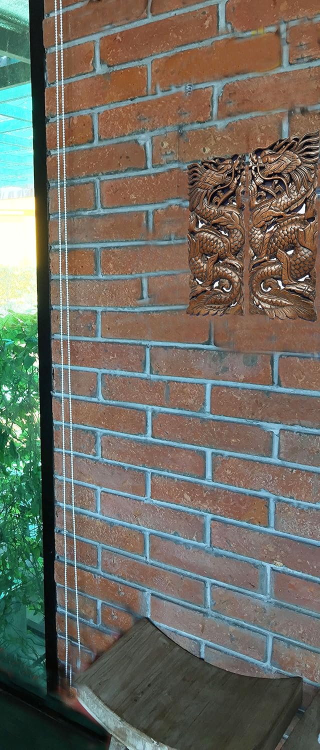 Lucky Chinese Dragon Wood Wall Art Sculpture. Feng Shui Daragon Carved Wood Wall Panel. Size 17.5”x7.5”x1 Each, Set of 2 Pcs. (Brown)