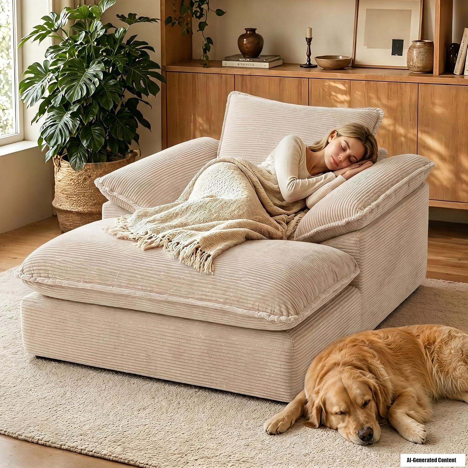 67" Oversized Chaise Lounge Chair Indoor, Boneless Large Comfy Reading Chair, Corduroy Upholstered Deep Seat Sleeper Sofa Bed, Chaise Lounge Couch with Padded Armrests for Living Room, Bedroom, Beige