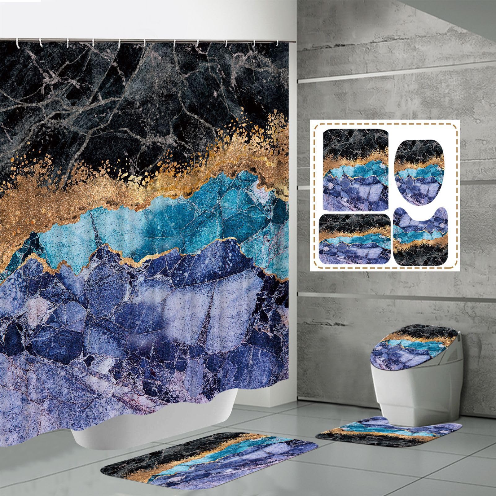 YYW 4 Pcs Bathroom Shower Curtain Set Modern Bathroom Set Decor Waterproof Bath Shower Curtain with Non-Slip Rugs, Toilet Lid Cover, Bath Mat, 12 Hooks (St18,72*72 inch)