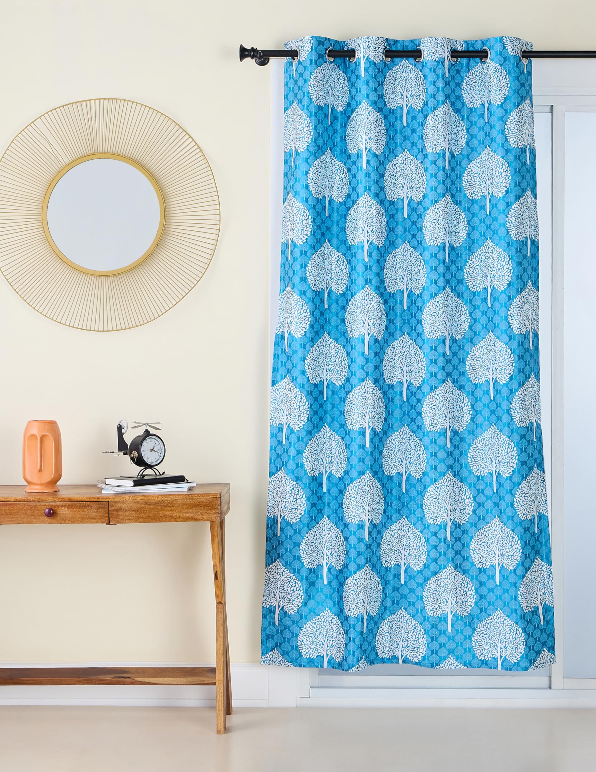 Amazon Brand - Solimo Premium Polyester Cotton Curtains | Leaf Print | 170 GSM | Light-Filtering | Tape Top | 7 Feet (Set of 2, Aqua)