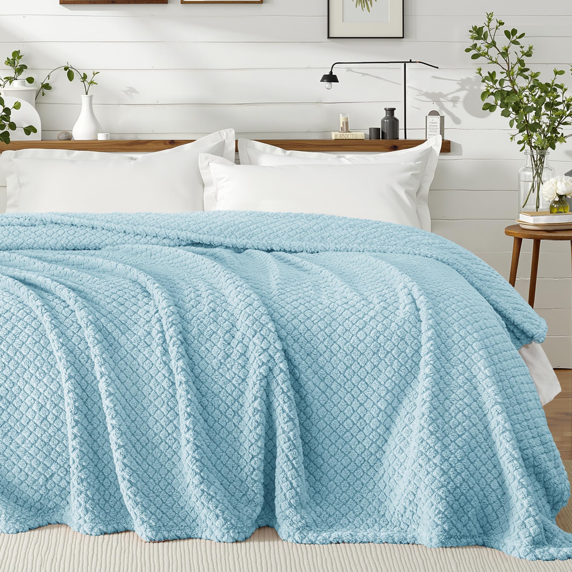 Exclusivo Mezcla King Size Flannel Fleece Blanket, Super Soft Jacquard Bed Blanket, Lightweight Fuzzy Warm for All Seasons, 230x265 CM, Light Blue
