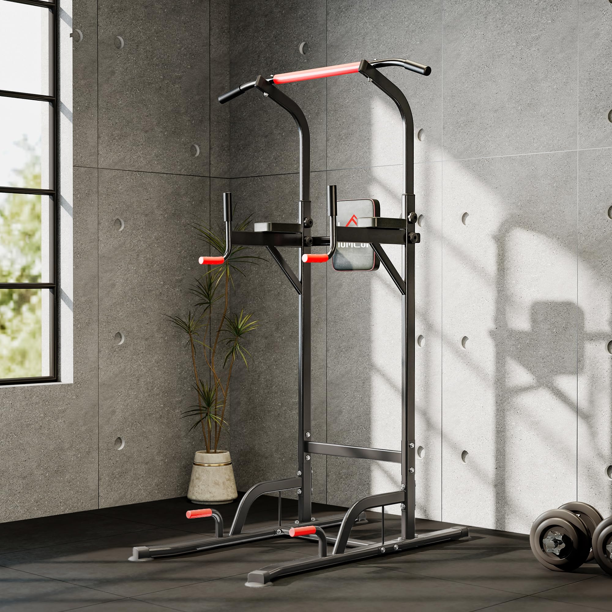 HOMCOM Barra per Trazioni Power Tower Stazione Fitness Multifunzione Regolabile 189-239cm in Acciaio Nero Rosso