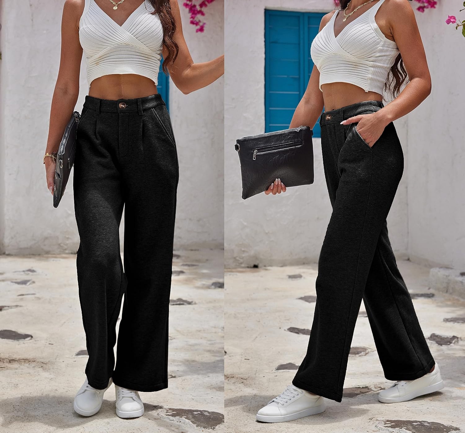 heipeiwa Women's Fleece Lined Winter Thermal Flannel Knit Wide Leg Pants Trouser Casual Dressy Outfit - Image 3