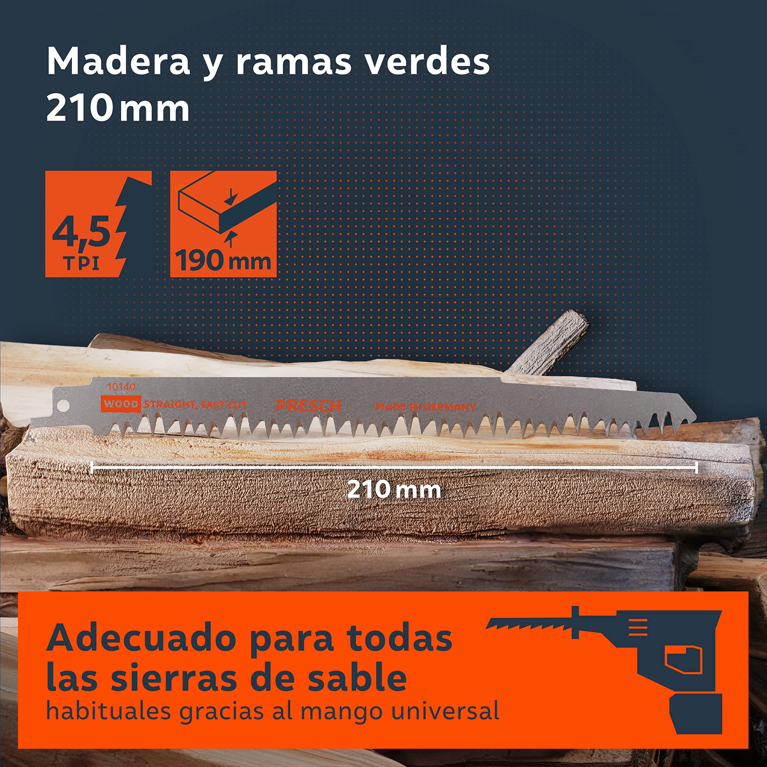 Presch Hojas sierra sable madera verde y ramas 210mm 10 piezas - Corte 15-190mm - Hoja de sierra recíproca para jardinería - juego de hojas de sierra incl. caja