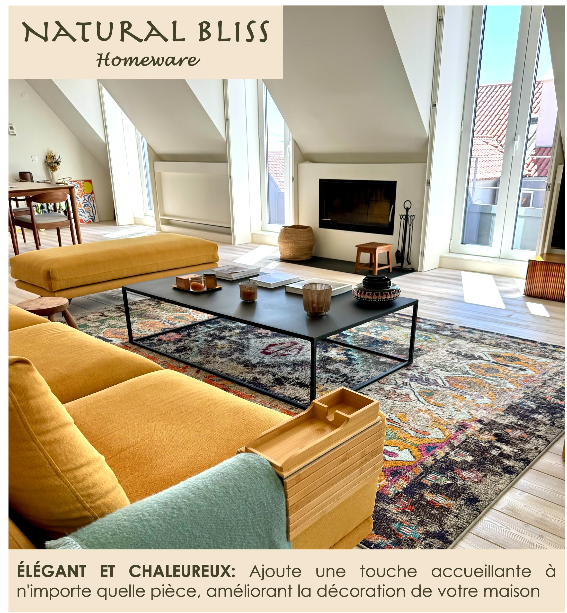 Natural Bliss – Table d’appoint en Bambou pour Accoudoir Canapé | Plateau Repas Antidérapant, Pliable et Réglable pour Tasse | Organisateur & Porte Télécommande et Téléphone
