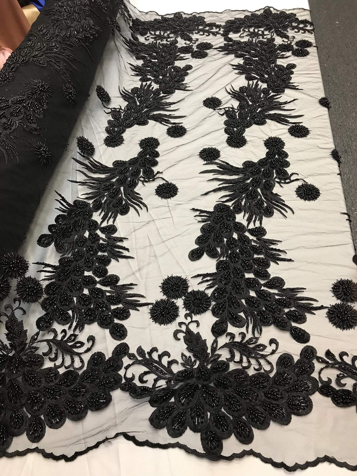 Hand Beaded Embroided Fabric Leaf Pattern - Black - Leaves and Branches Print Fabric with Beads on Mesh for Dress and Decor Sold by The Yard