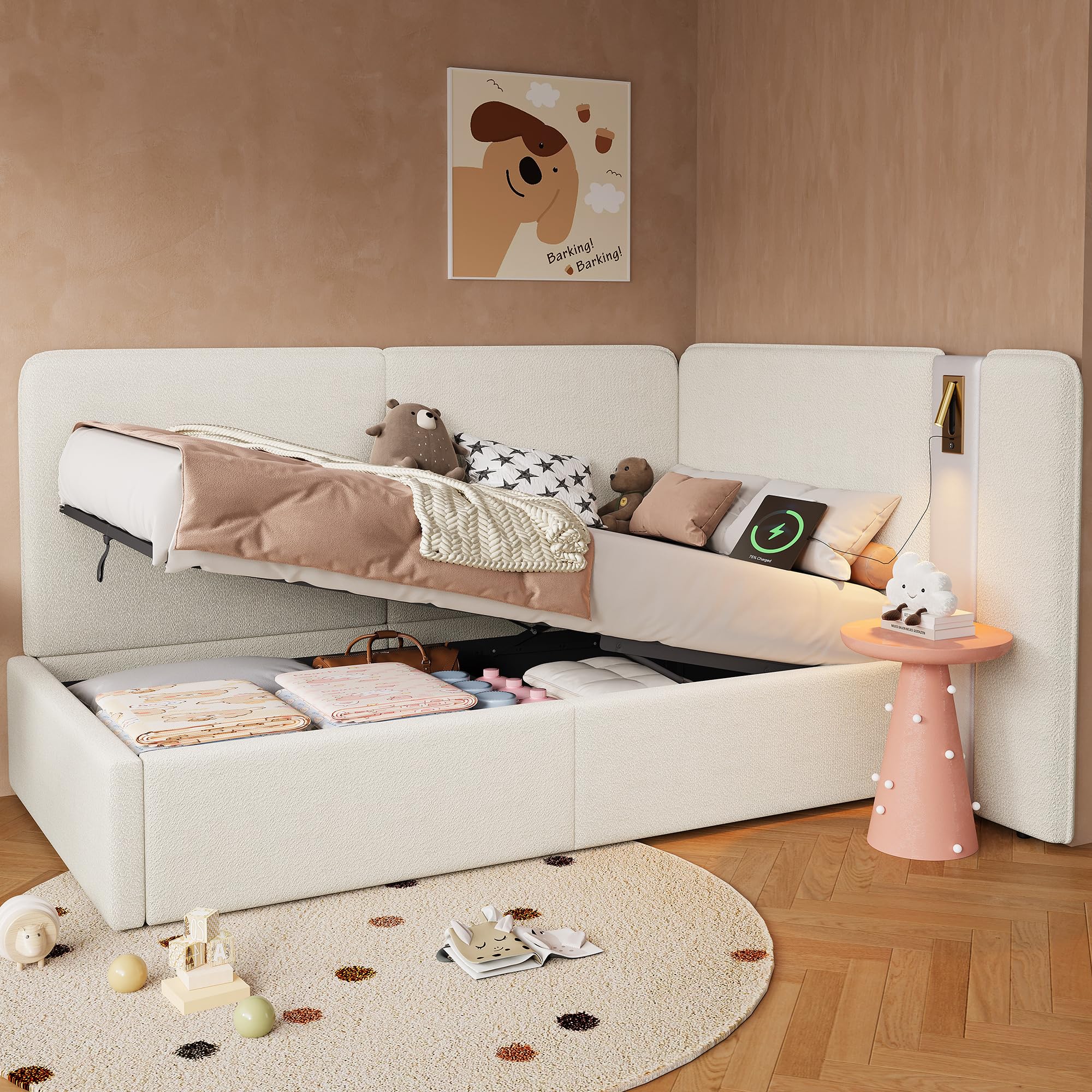 Merax 3FT Single Ottoman Bed Frame, Upholstered Daybed Sofabed, L-shaped Corner Bed with Hydraulic Storage, USB Charging Port & Reading Lamp, Boucle, Beige/90x190cm(No Mattress) — image 1