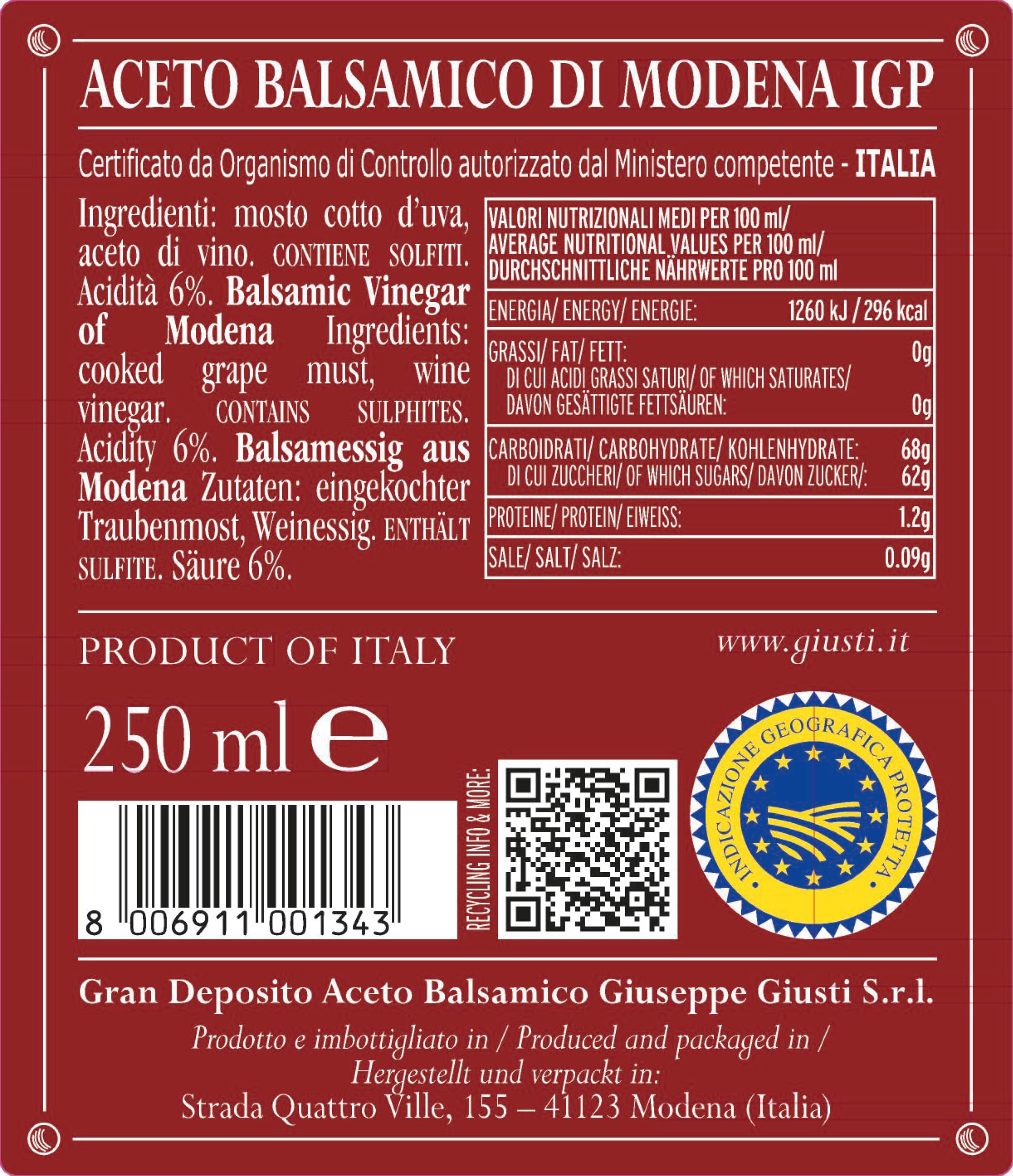 Giusti Aceto Balsamico di Modena – Giusti Balsamico Essig 3 Goldmedaillen in Traditionsflasche (1 x 0.25 l)