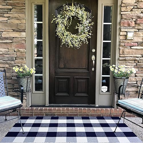 Miniatura 21 de USTIDE Alfombra a Cuadros Buffalo 23.6''x51'' Algodón Negro y Blanco Alfombras a Cuadros Lavable Tejida a Mano Felpudo a Cuadros Retro Estilo Granja