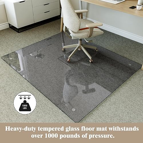 Vista 108 de Koonmi Tapete para silla de vidrio templado para suelos de madera dura y alfombras, 30 x 48 pulgadas, color gris, protector de piso de oficina