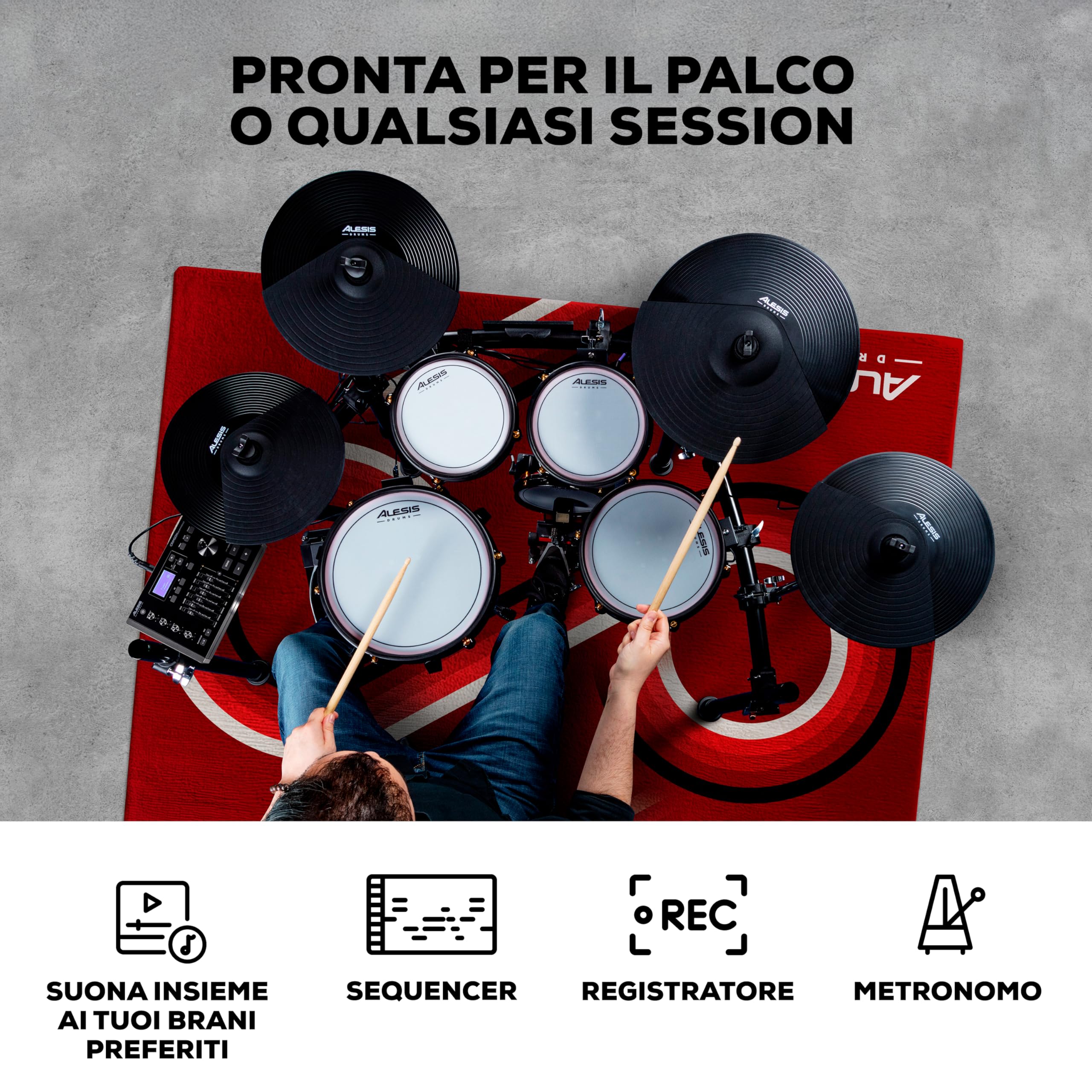 Alesis Drums Crimson III - Batteria Elettronica con Bluetooth, MIDI I/O, Pad Bi-Zona, Ride Tri-Zona, Piatti con Choke, Compatibile con Doppio Pedale, Lezioni Drumeo, BFD Player