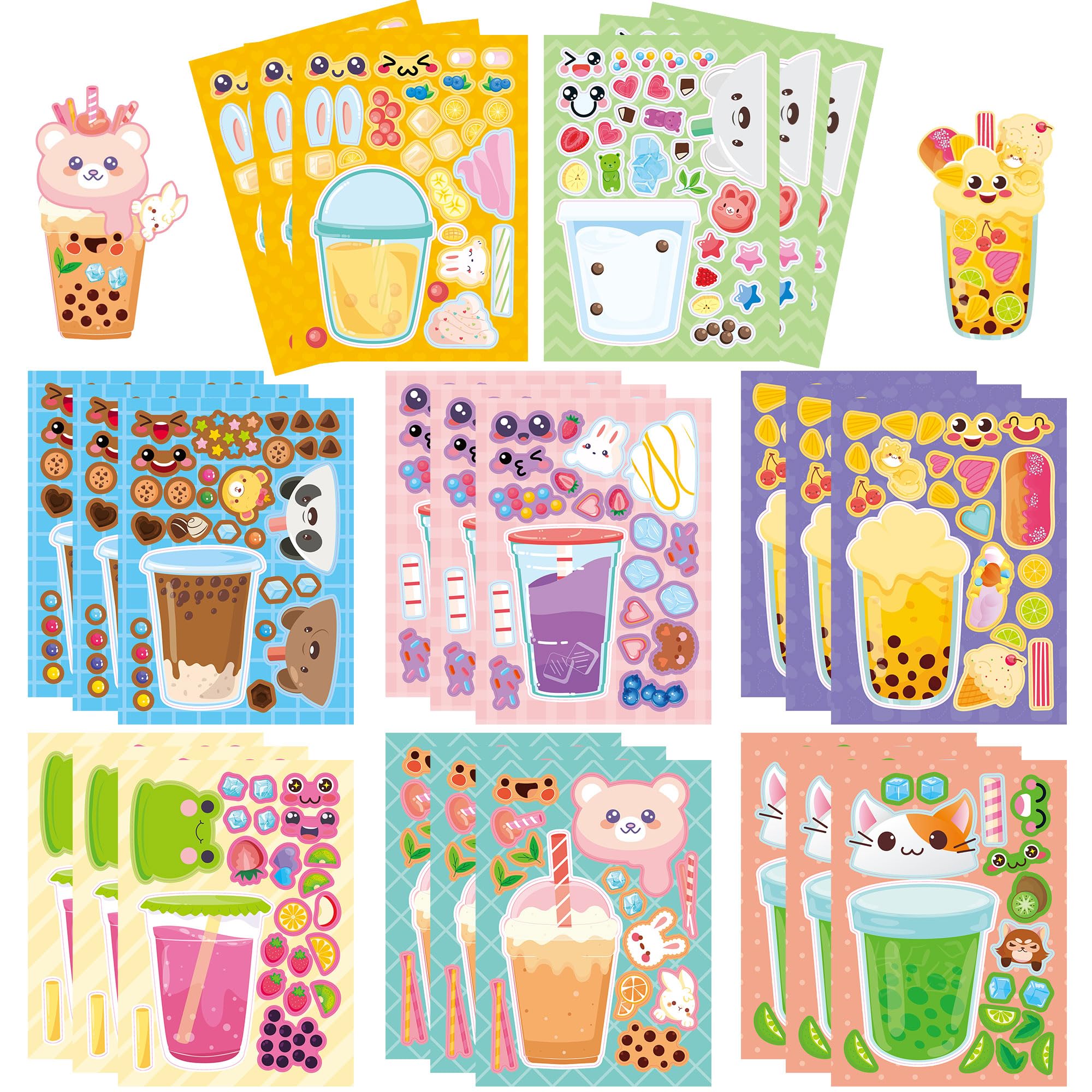 Conzon 24PCS Make Your Own Bubble Tea Stickers, Adorable Milk Tea Mix and Match Sticker Party Games, Drink Make a Face Stickers DIY Crafts for Party Supplies School Activity Reward Birthday Gifts